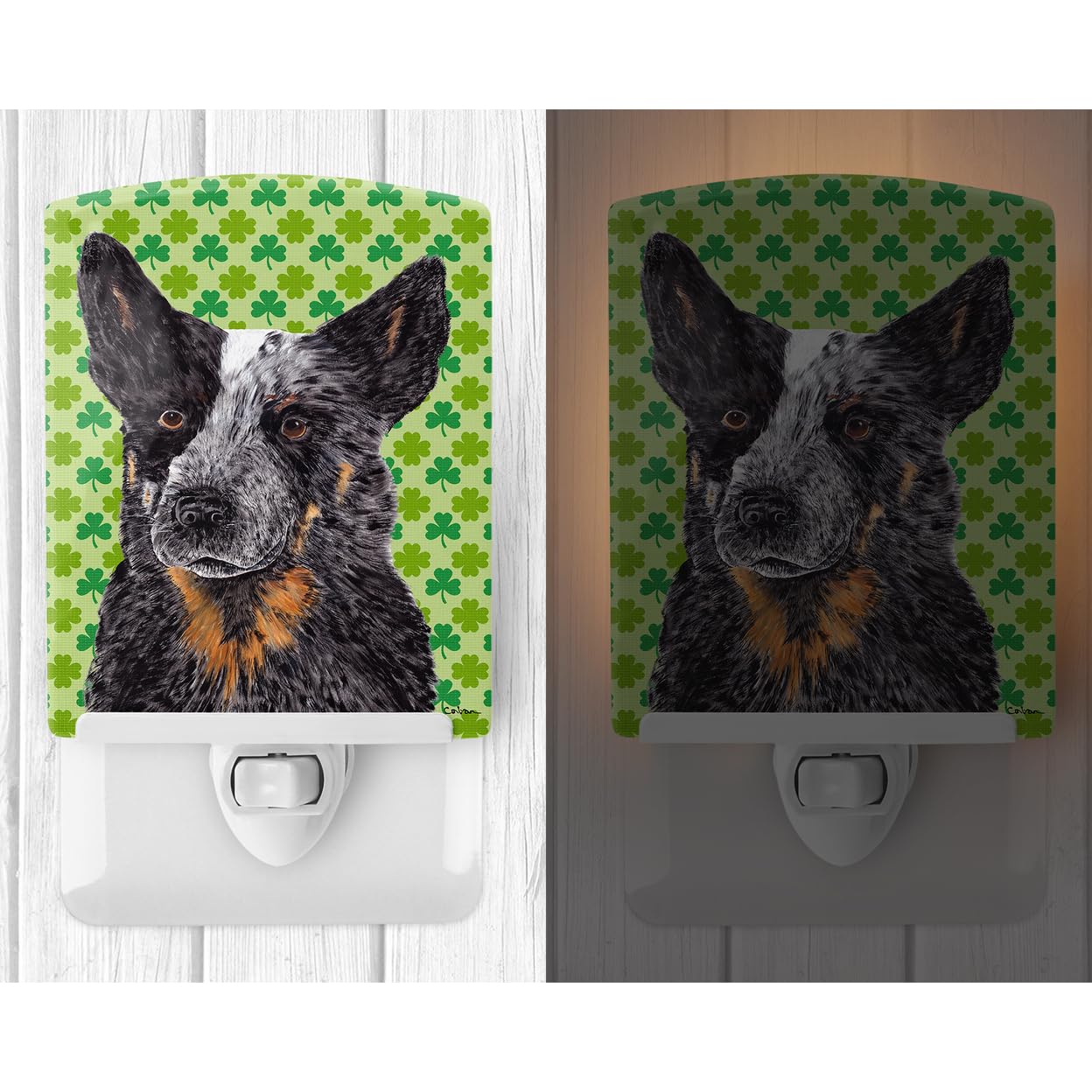 Caroline'S Treasures Sc9316Cnl Australian Cattle Dog St. Patrick'S Day Shamrock Ceramic Night Light Compact, Ul-Certified, Ideal For Bedroom, Bathroom, Nursery, Hallway, Kitchen, 6X4X3, Multicolor