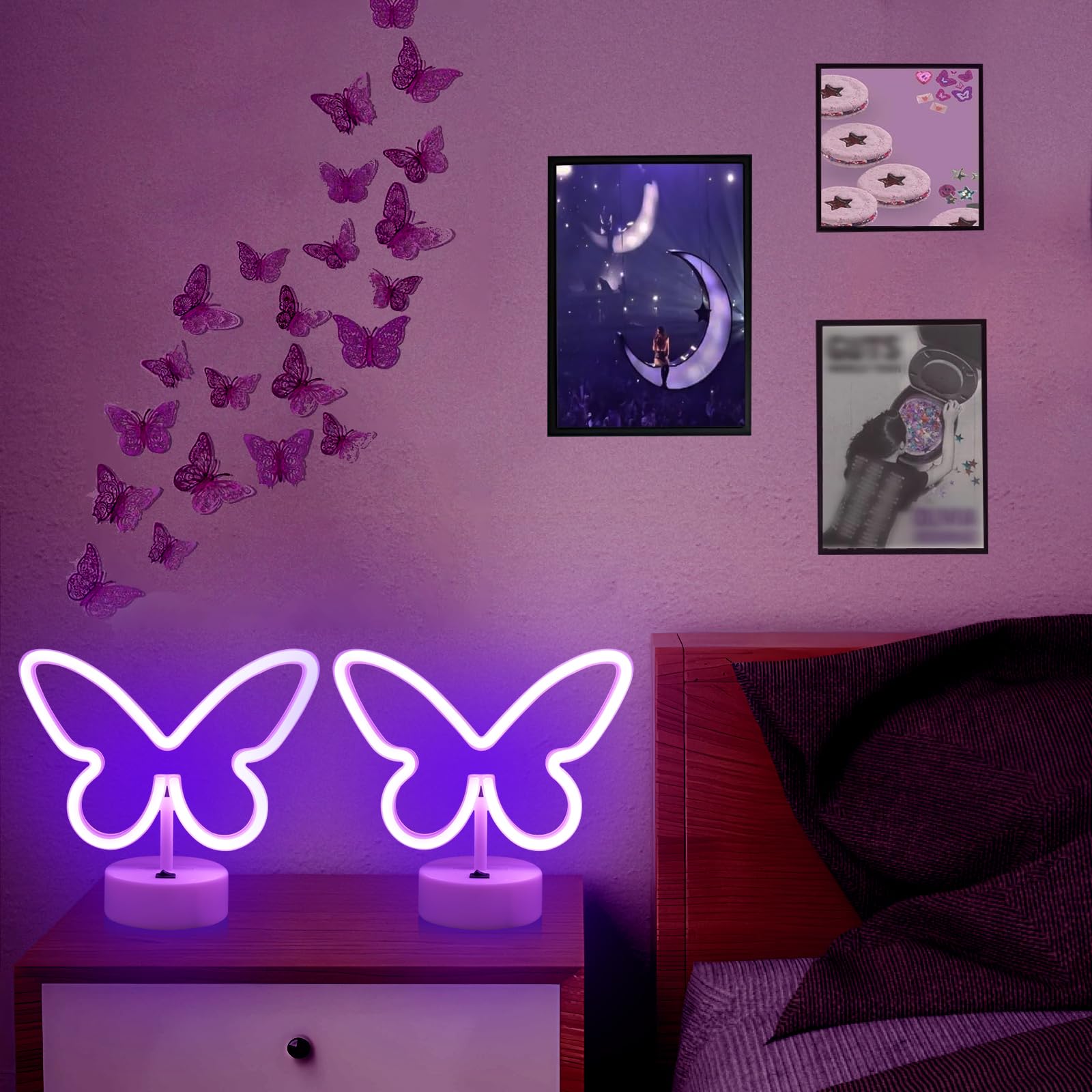 UrsaMajor Butterfly Neon Sign LED Lights, 2 Pack, USB/Battery Operated, 8.86x6.3 inches, Purple, Model Pu-2