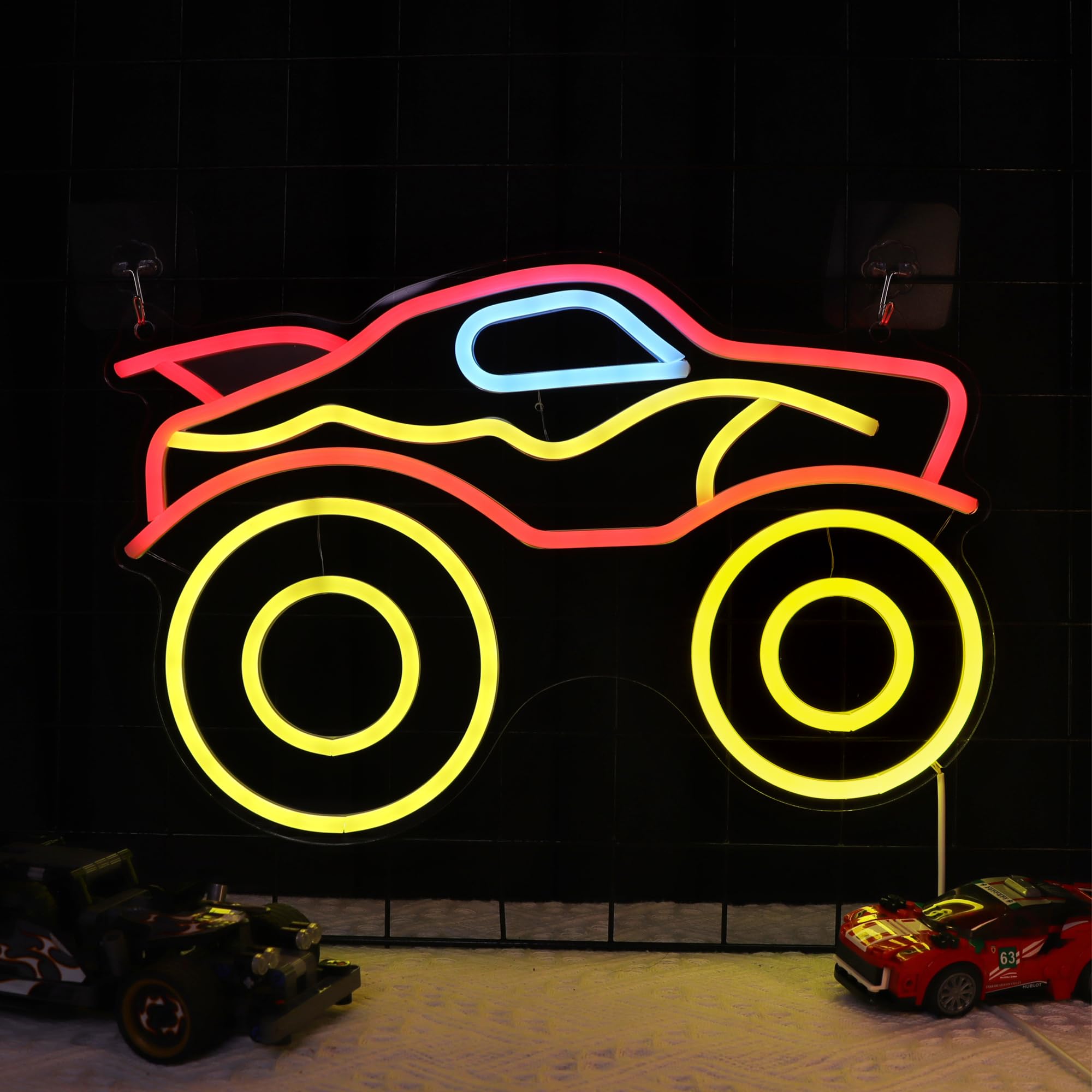 CoolGift Mart Monster Truck Neon Light, Dimmable LED Truck Neon Wall Sign USB Powered with 4-Color Lights, for Bedroom Living Ro