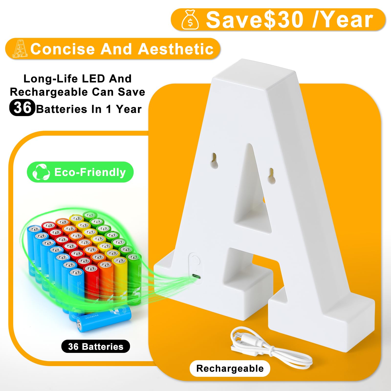 Foaky Rechargeable LED Letter Lights Sign Marquee Night Light B Warm Plastic