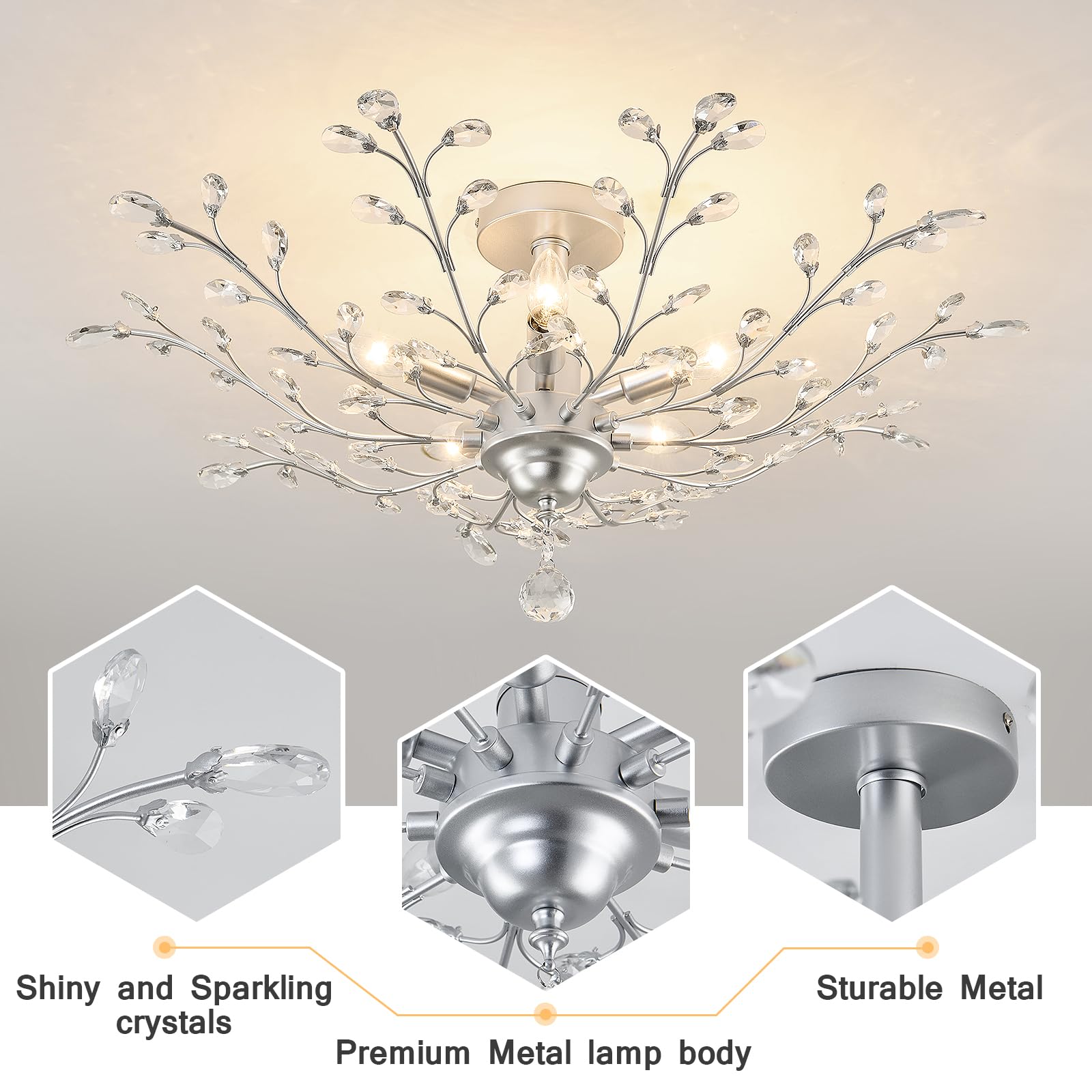 Cvkash 5-Light Vintage Small Crystal Chandelier Modern Silver Branche Ceiling Light Fixture Farmhouse For Kitchen Dining Room Li