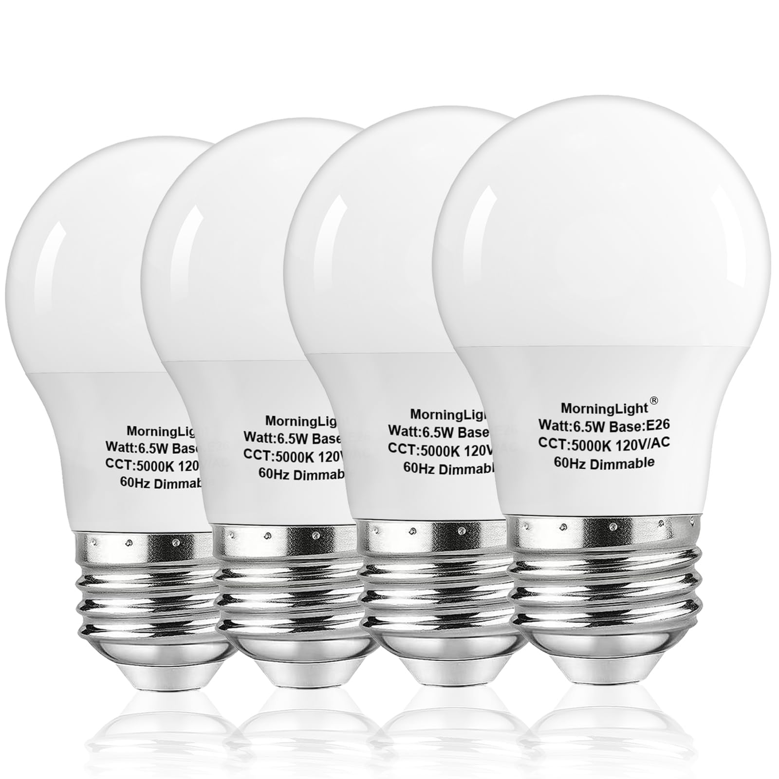 MorningLight A15 LED Light Bulbs, 6.5W Dimmable, 5000K Daylight, E26 Base, 4 Pack, Plastic
