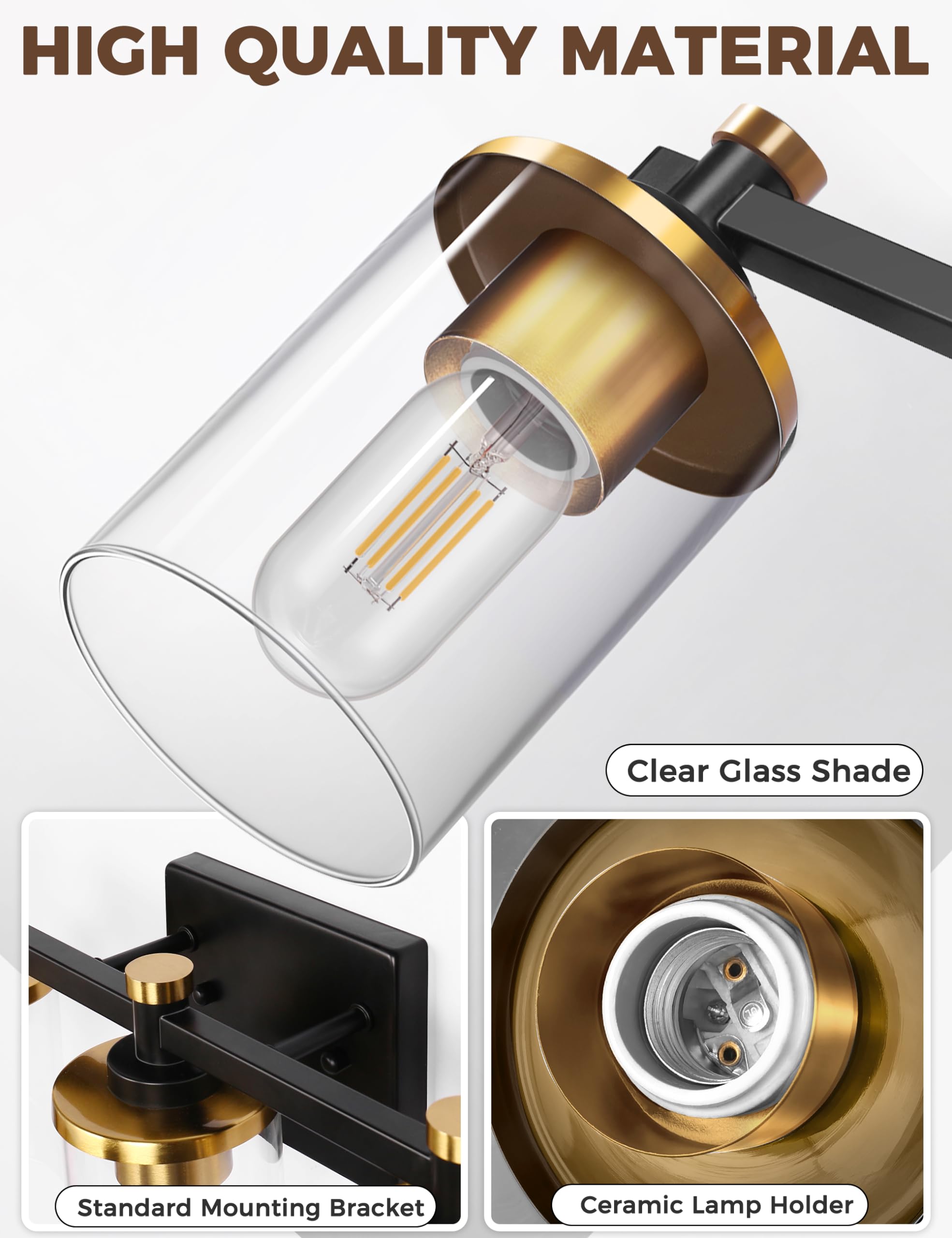 L LOHAS LED 3-Light Bathroom Vanity Light Fixture, Glass Shade, Black and Gold, Model A-JQD06T3GBE26