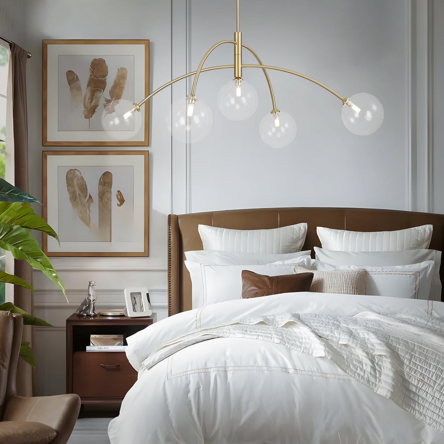 Fulesi 5 Light Modern Brass Chandelier Fixture White Clear Globe Glass Shade Pendant Light Gold Kitchen Ceiling Large Chandelier