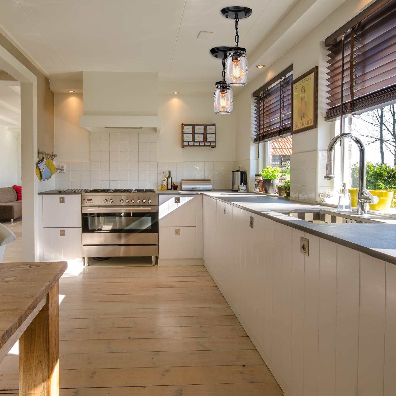 Jasopaco Glass Mason Jar Light Fixtures Single Pendant Ceiling Light 1-Light Flush Mount Black Country Farmhouse Lights For Kitc