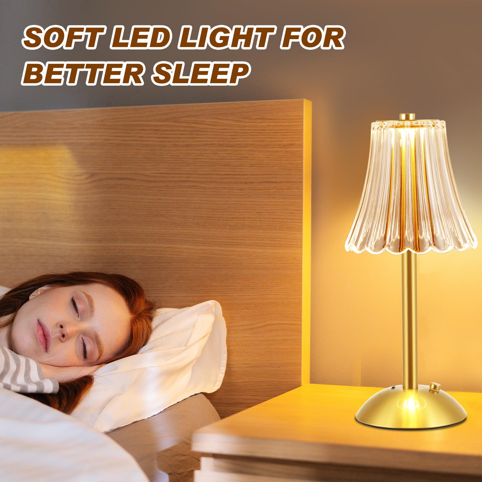 Liliful LED Cordless Table Lamp, Touch Battery Operated, 3 Color Dimmable, Gold Size, Rose Style, Model IAN-Liliful-5009