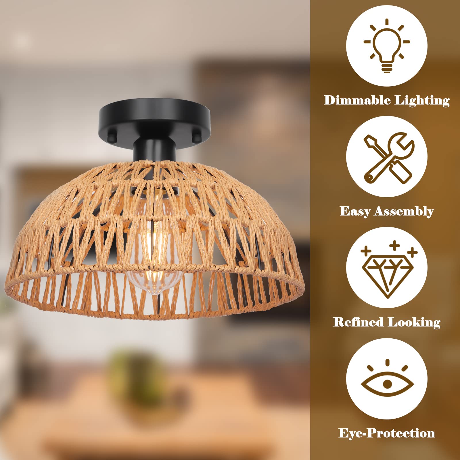 12.2'' Rattan Ceiling Light Fixtures 2 Packs, Rustic Woven Basket Flush Mount Ceiling Light, Handmade Wicker Ceiling Lamp, Ratta