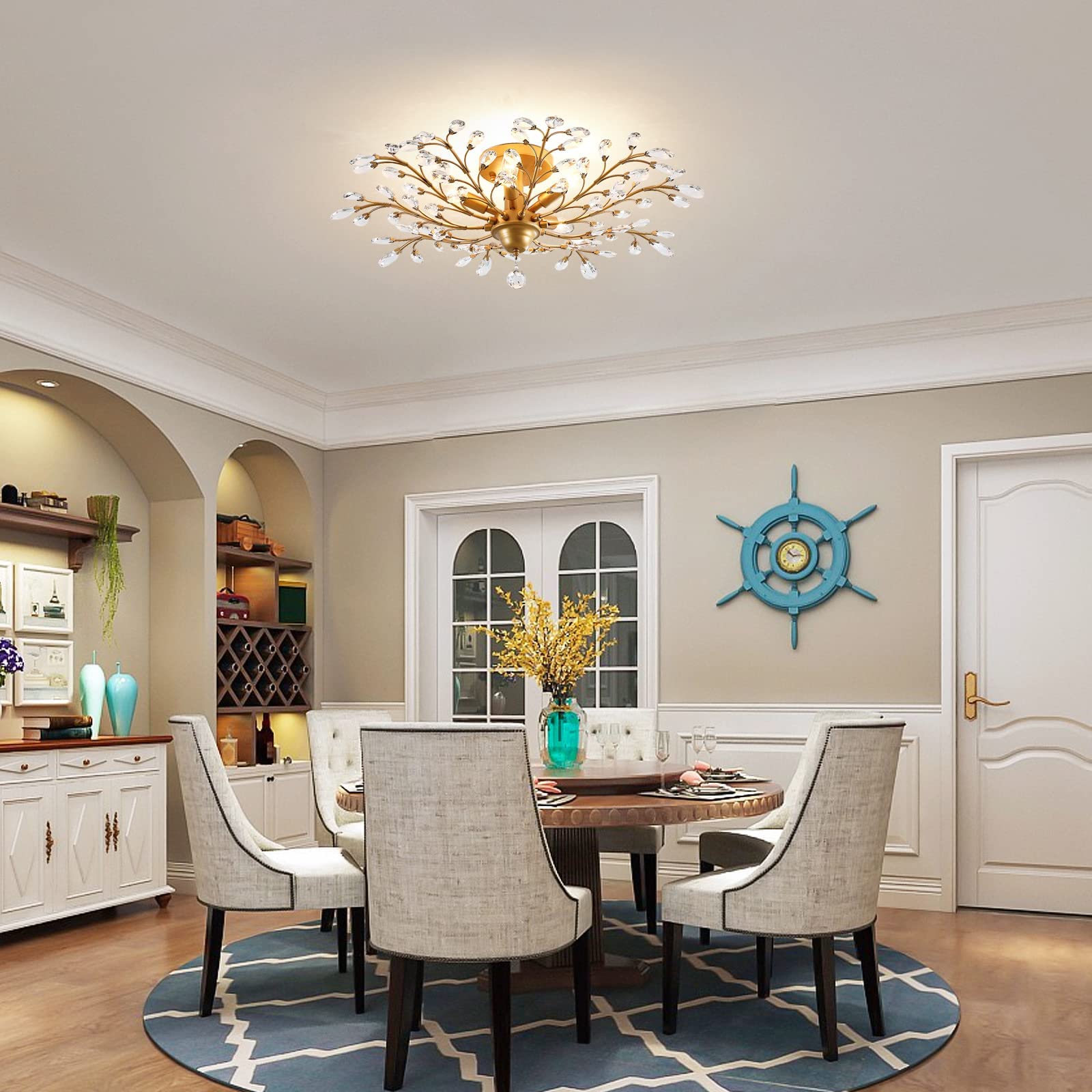 Garwarm Vintage K9 Crystal Chandelier Pendant Light 5-Light Gold Ceiling Fixture for Living Room Bedroom Restaurant