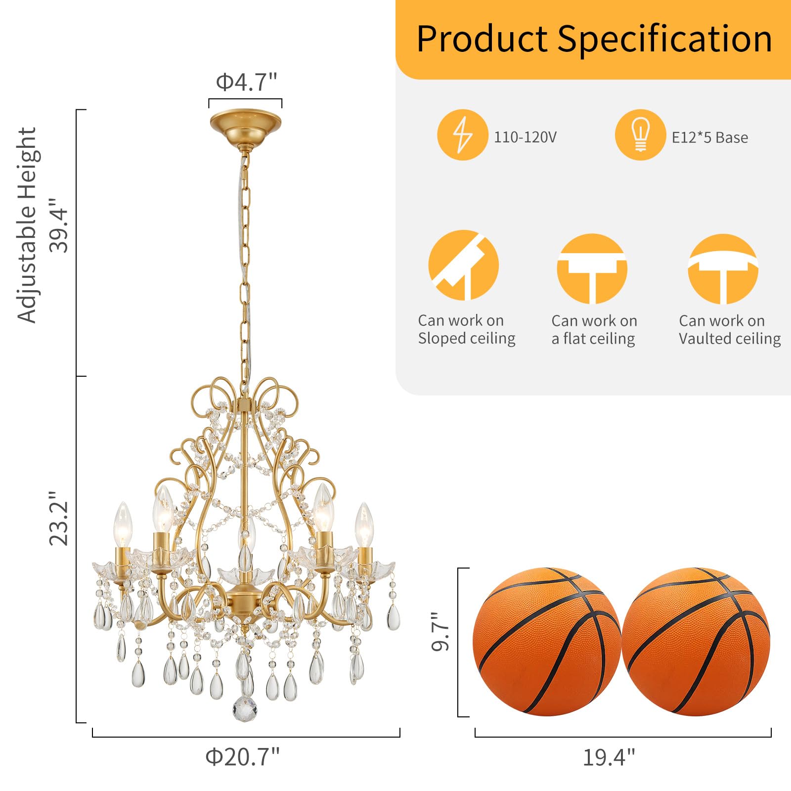 Wuzups 5-Light Crystal Candle Chandelier Pendant Ceiling Light Modern Lighting Fixture For Bedroom Hallway Bar Kitchen Bathroom  H 23.2 W 20.7  E12 Base  Gold