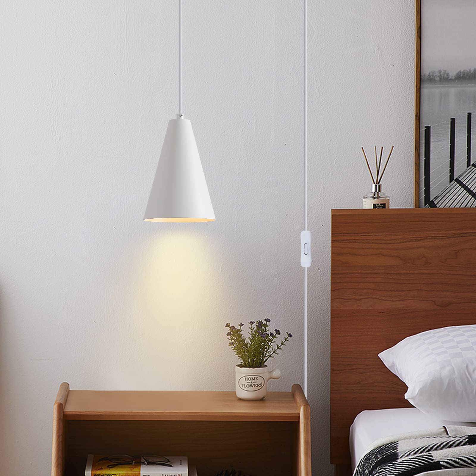 Dijiahua White Plug In Pendant Light, Metal Shade, Modern Farmhouse Chandelier, 1 Pack, Model P-JDH056
