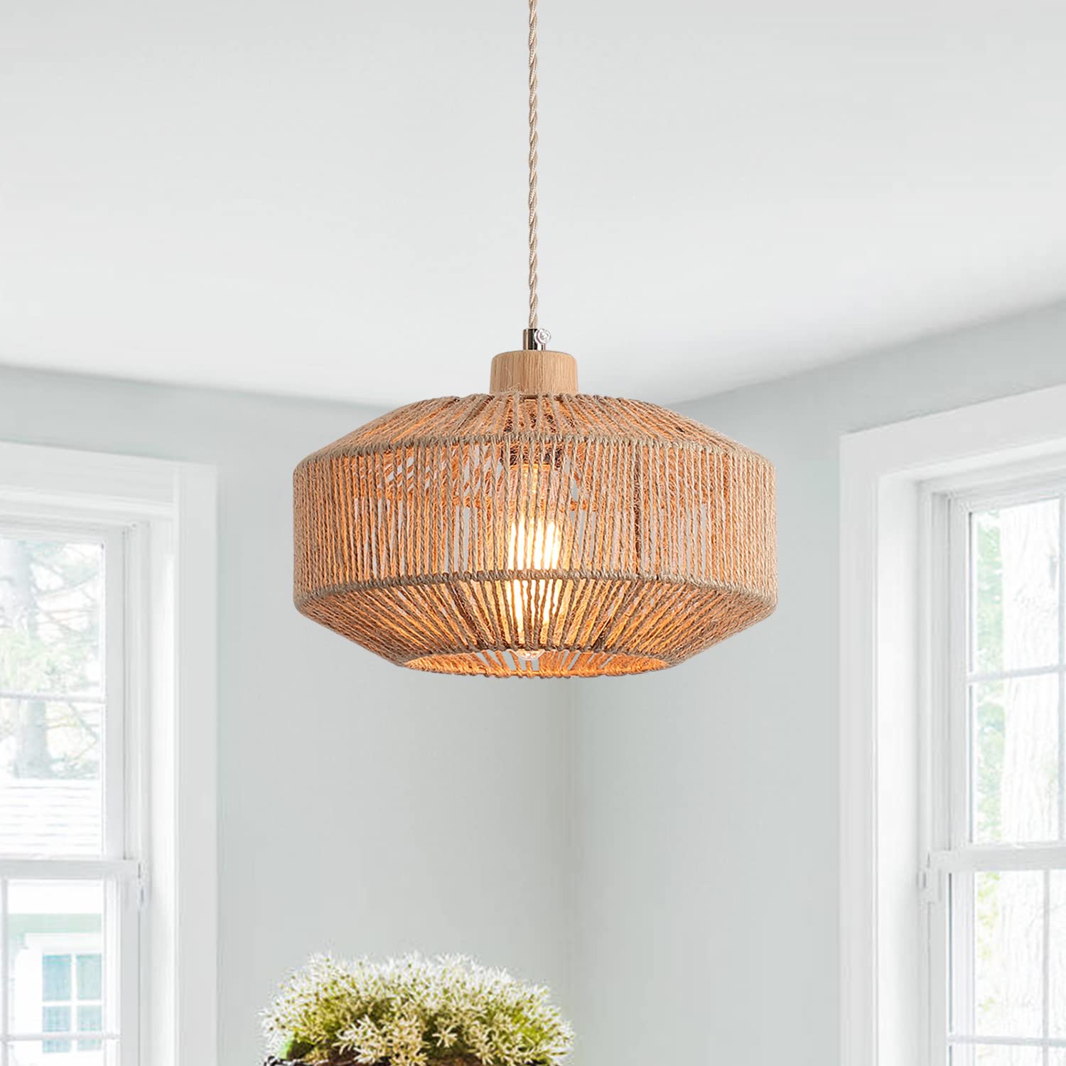 Hchunqjor Coastal Woven Pendant Light Fixture - Adjustable Natural Hemp Rope For Kitchen & Dining