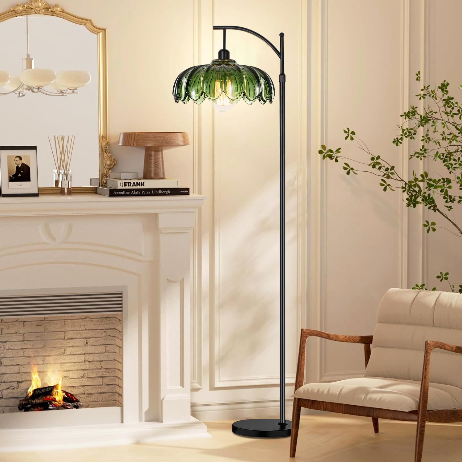 QIYIZM Gold Floor Lamp - Dimmable Brass Standing Lamp with Remote, Vintage Green Glass, Mid Century Modern, 06-Floor Lamp