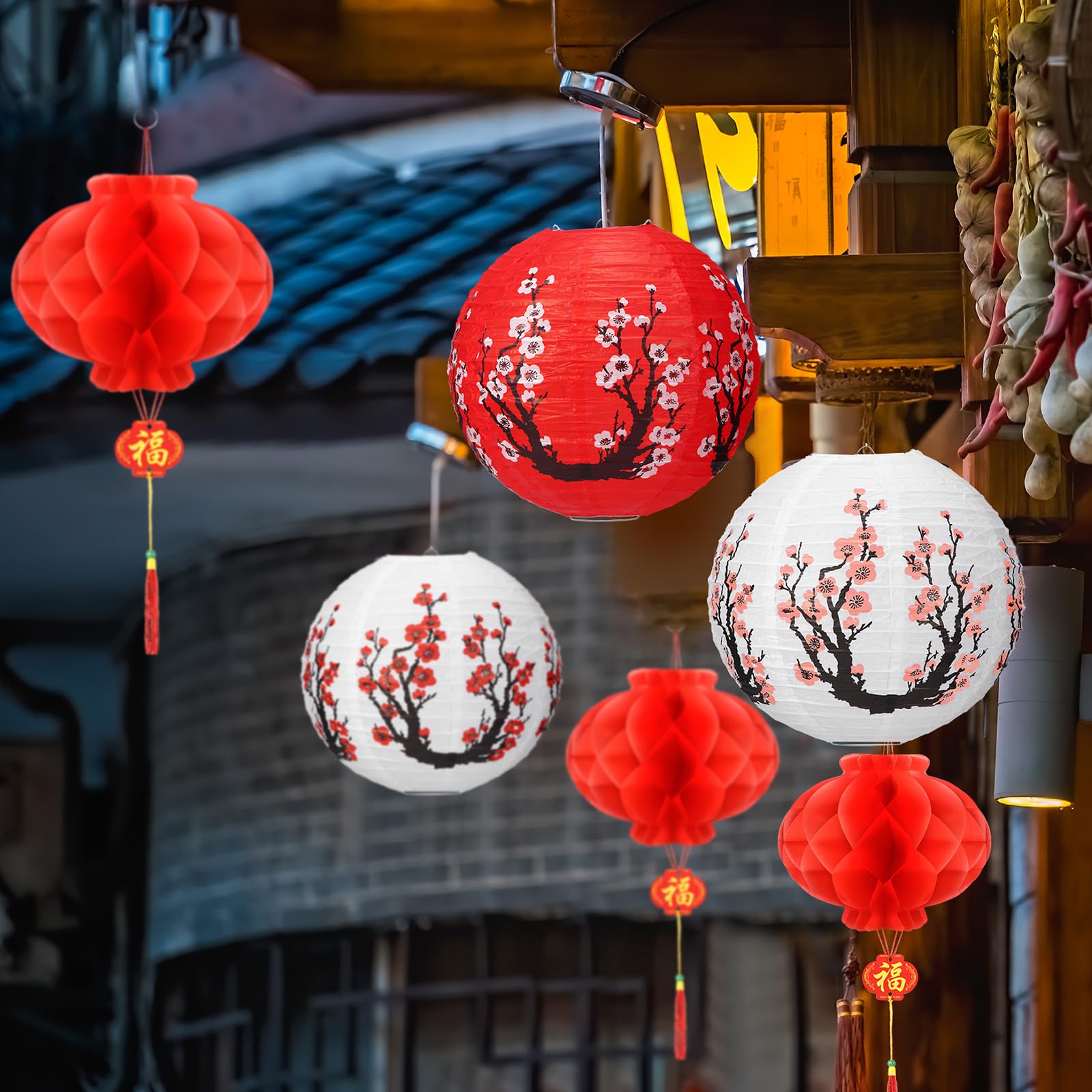 Fumete 20 Pcs 12" Chinese Japanese Paper Lanterns And 8" Red Chinese Lanterns Hibachi Party Decorations Cherry Blossom Decorative Hanging Lanterns For Chinese New Year Home Restaurant(Multicolor)