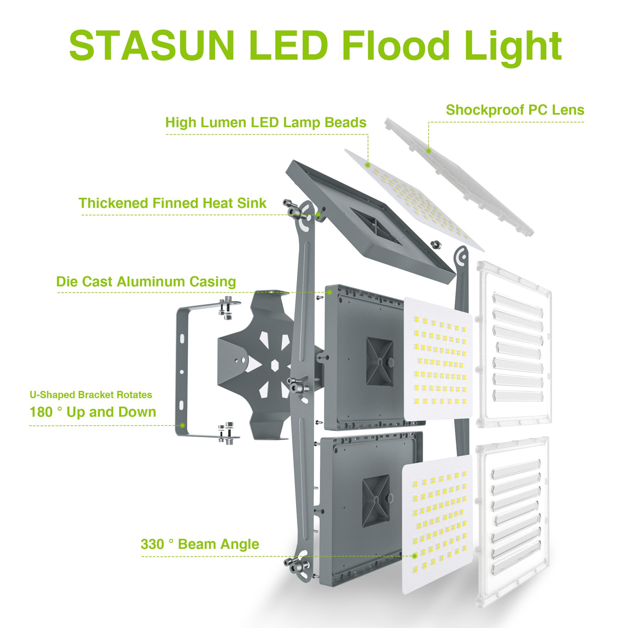 STASUN 600W LED Flood Light, 60000lm, 6000K Daylight, IP66 Waterproof, 3 Heads for Outdoor Security, Model FT5GR, 1 Pack