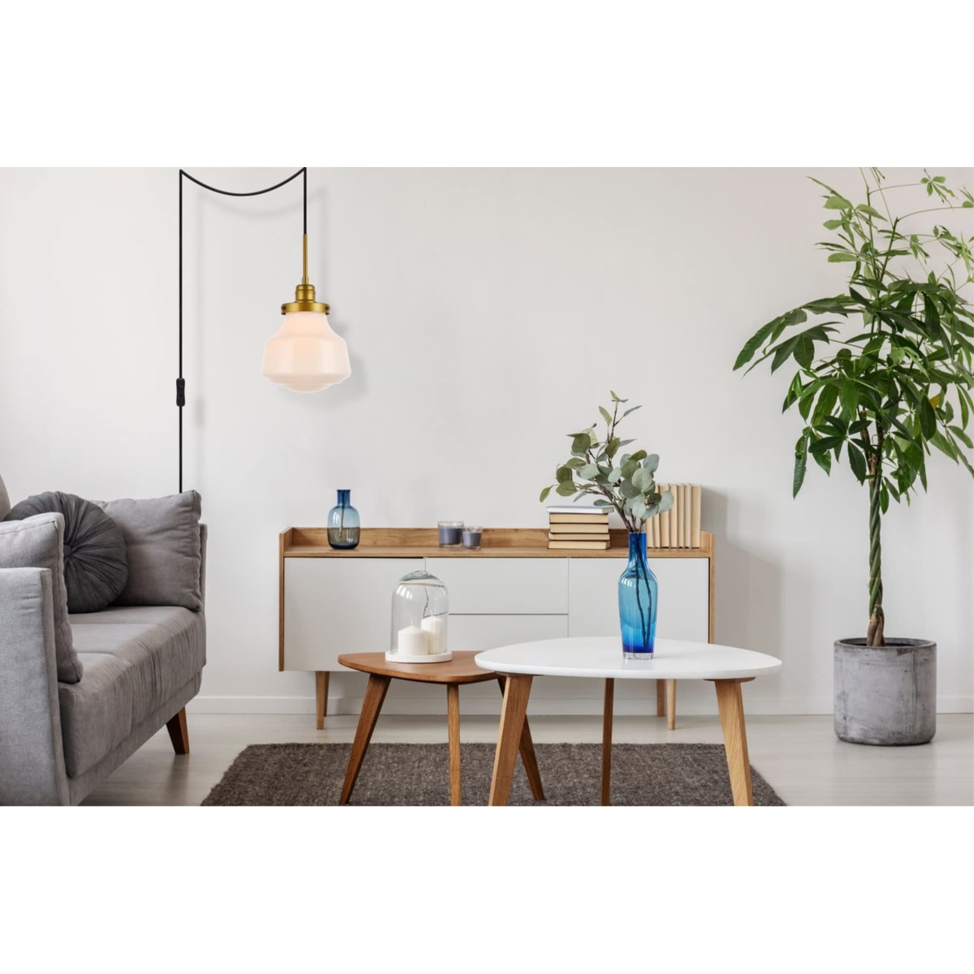 Elegant Lighting Living District Lye 1-Light Mid-Century Metal Pendant in Brass and Frosted White