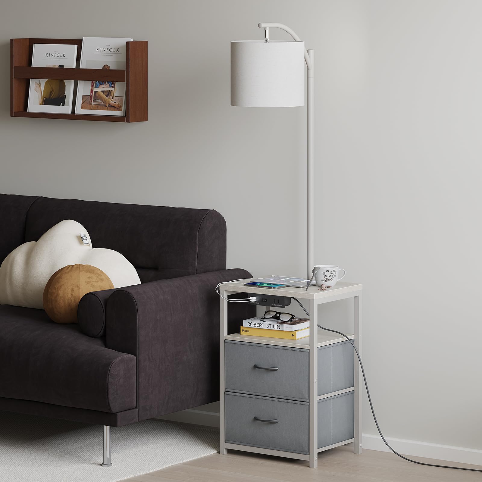 Sunmory Floor Lamp With Table & 2 Drawers, Lamp With Usb Port And Outlet, Lamps For Nightstand With 3 Color Temperature Led Bulb