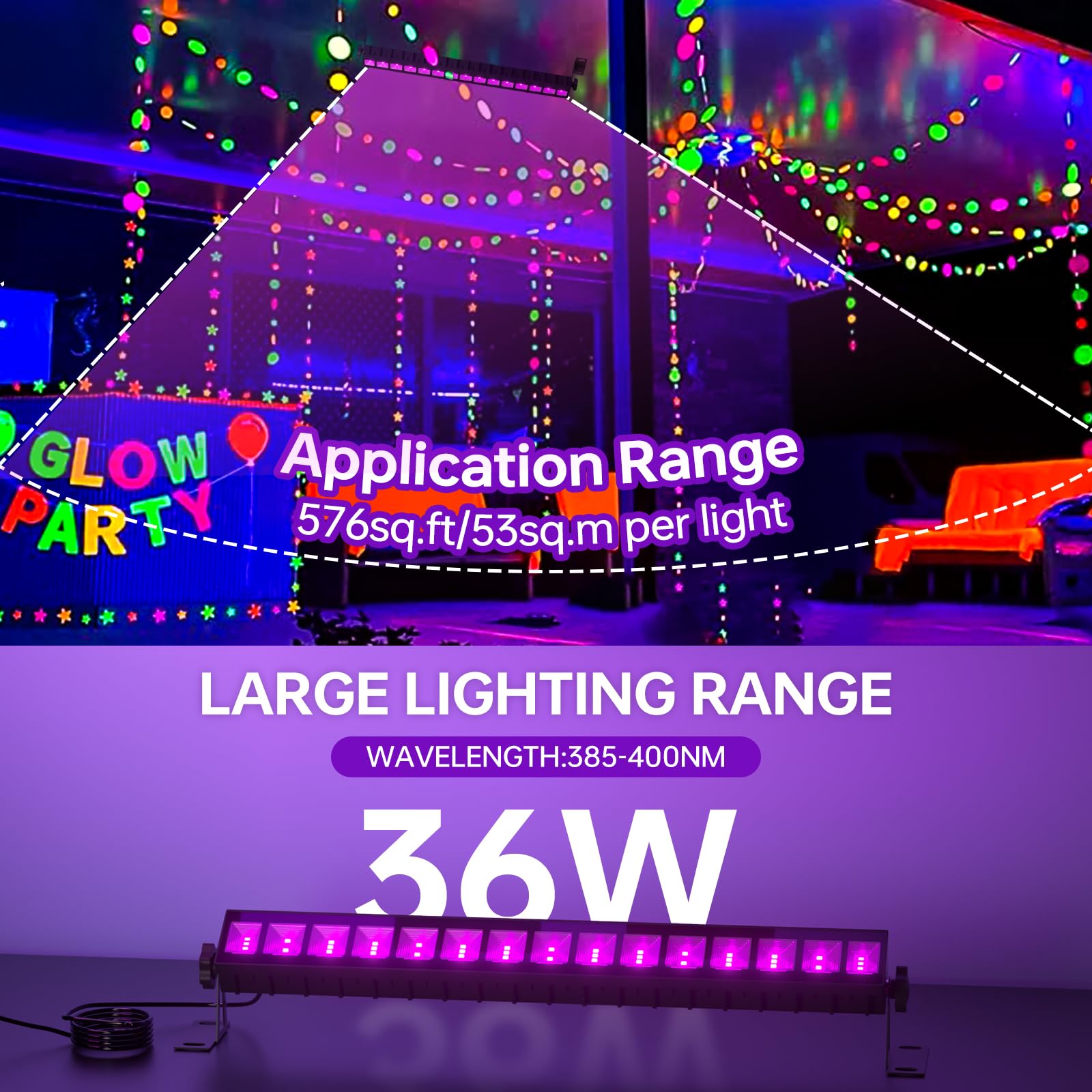 2 Pack Led Black Lights, Blacklight Bars With Plug+Switch+6Ft Cord, Light Up 24X24Ftx2, Ip66 Waterproof Blacklight For Glow Party, Fluorescent Poster, Body Paint, Halloween Decorations, Bedroom, Stage