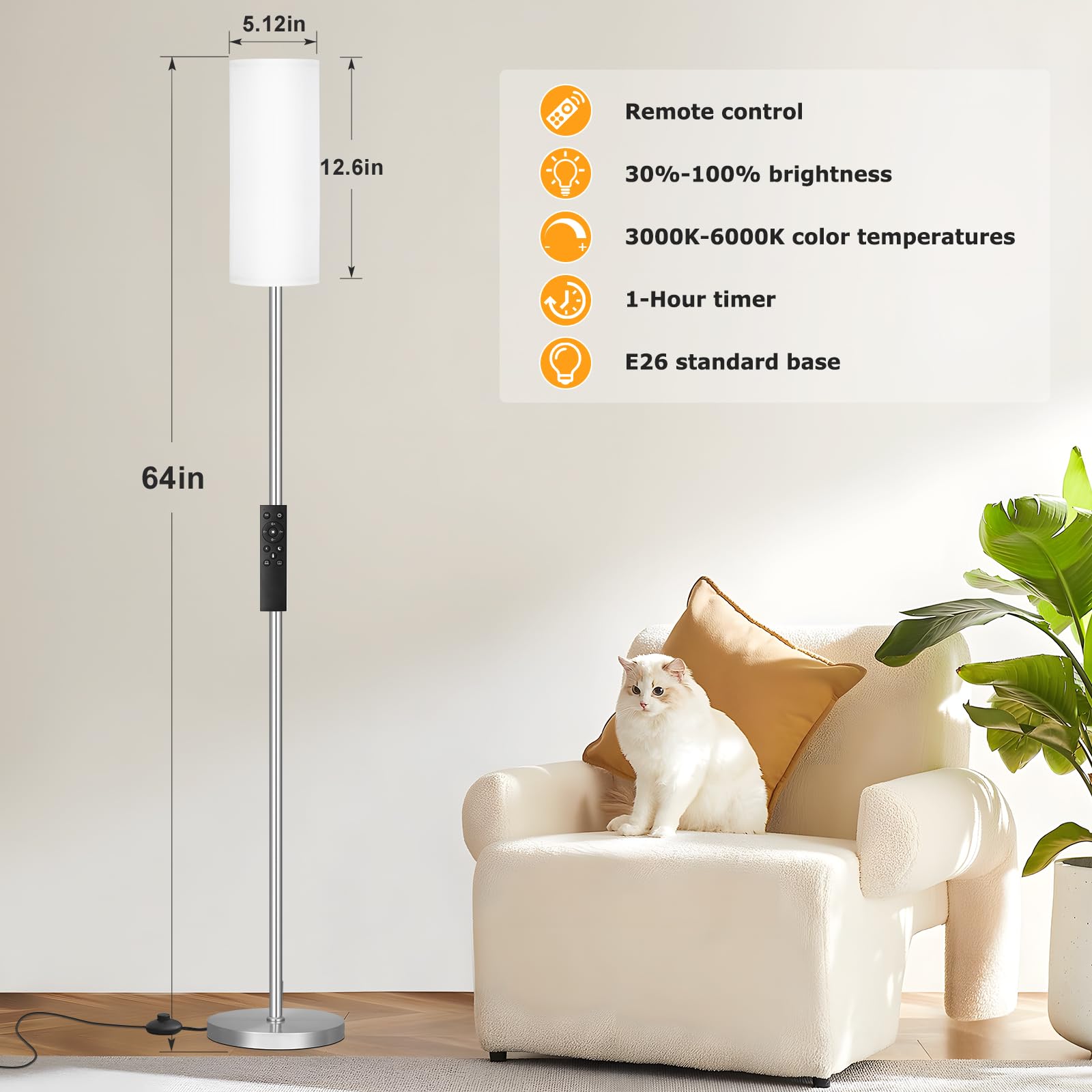 Ambimall 64'' Floor Lamps For Living Room With Remote Control And Stepless Dimmable Colors Temperature & Brightness, 9W Bulb Included(White Lampshade & Silver Pole)
