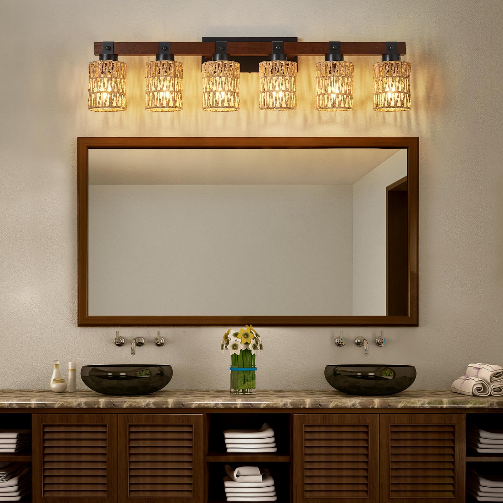 Aixialin 6 Light Bathroom Vanity Light Fixtures, Rustic Style Farmhouse Wood Bathroom Wall Sconce, Handmade Bamboo Woven Boho Wi