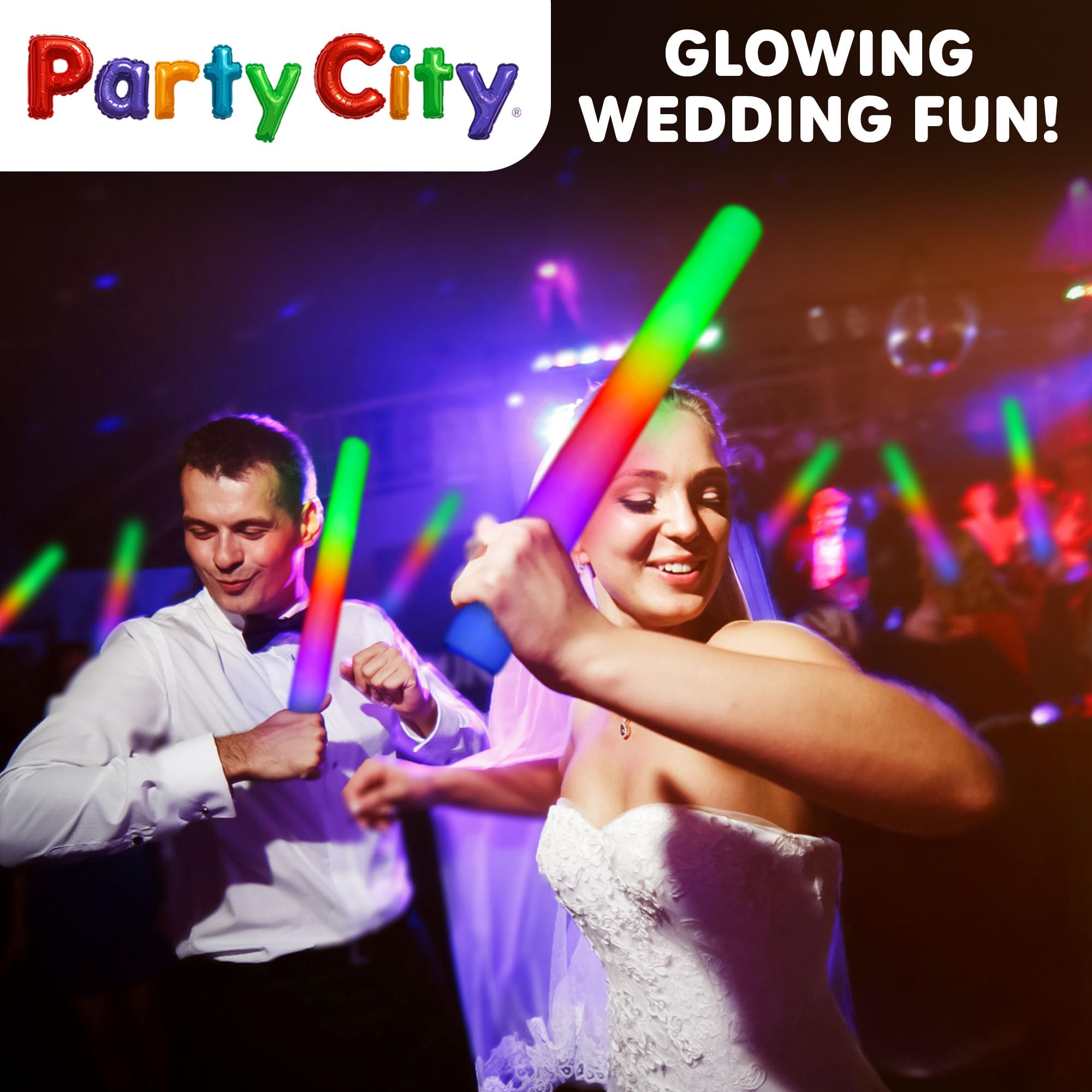 Party City LED Foam Glow Sticks 24pk - 14" Colorful Light Up Wands with 3 Modes - Glow in the Dark Party Supplies