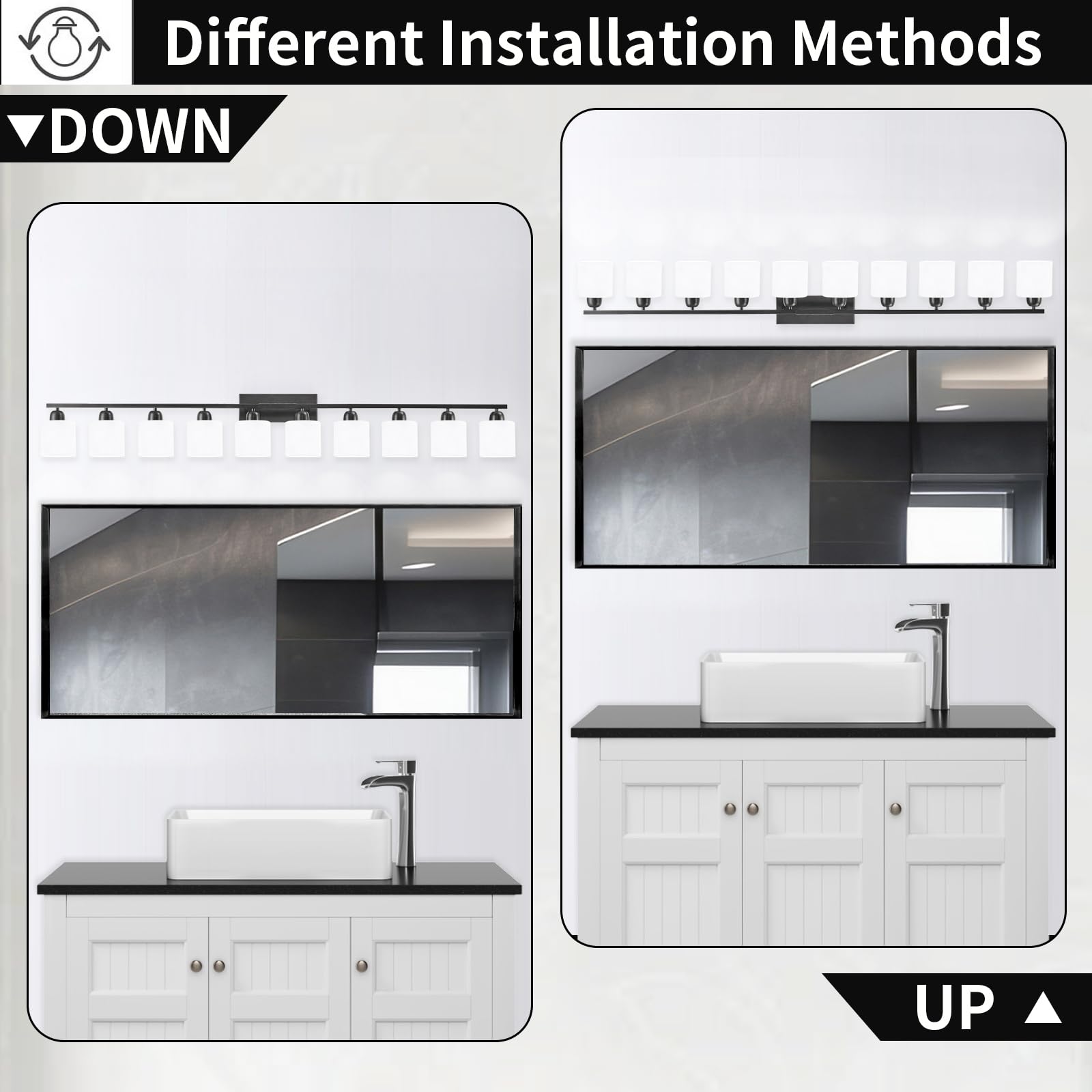 FAISHILAN 10-Light Black Bathroom Vanity Light Fixture, Milky White Frosted Glass Shades, E26 Base, 65 Inch, Model FSL-212--NBH-10