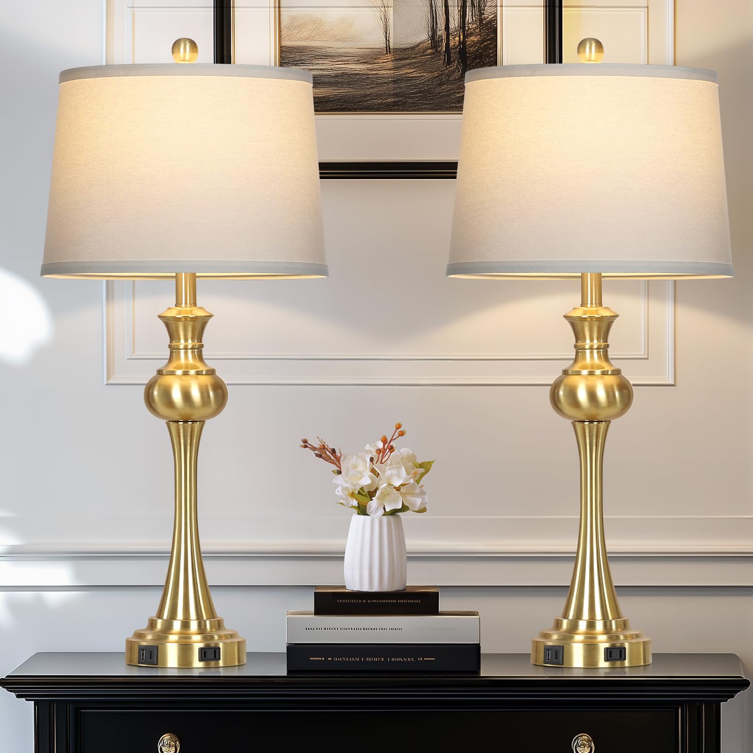 Cinyirong 28.75" Gold Table Lamps - Touch Control, USB C+A, 3-Way Dimmable, Set of 2, Antique Brass for Living Room & Bedrooms