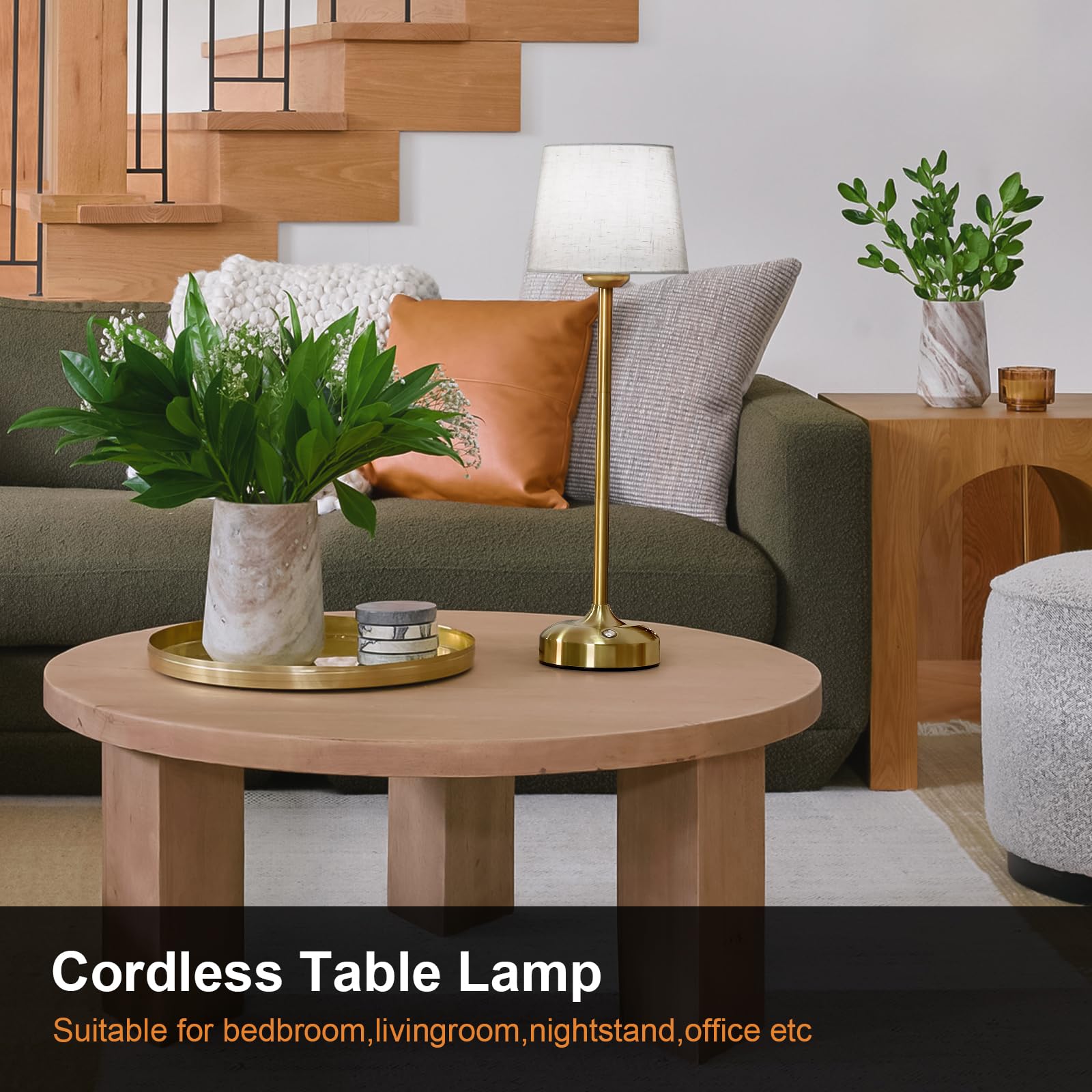 YAYZA! Cordless Table Lamp, Adjustable Height, 7500mAh Rechargeable LED, 3 Color Temperatures, High Gold, Model FWTL-001