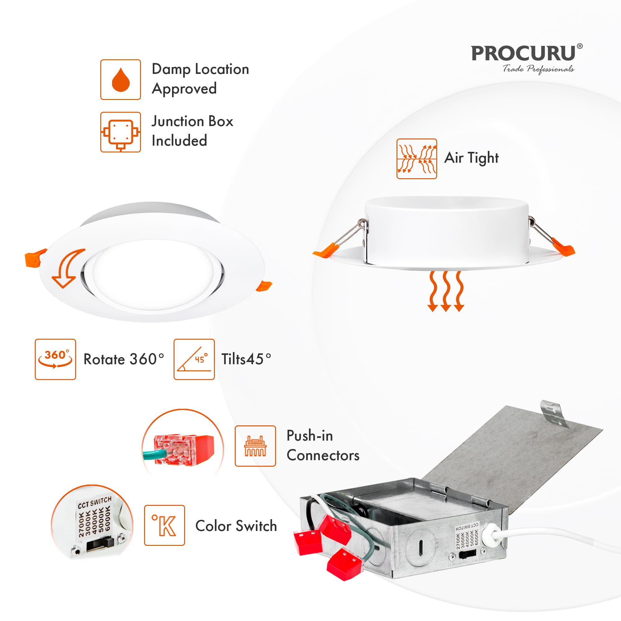 PROCURU 6-Inch Gimbal LED Downlight, 5CCT Adjustable, Dimmable, IC Rated, 4-Pack, Metal, 2700K-6000K Select