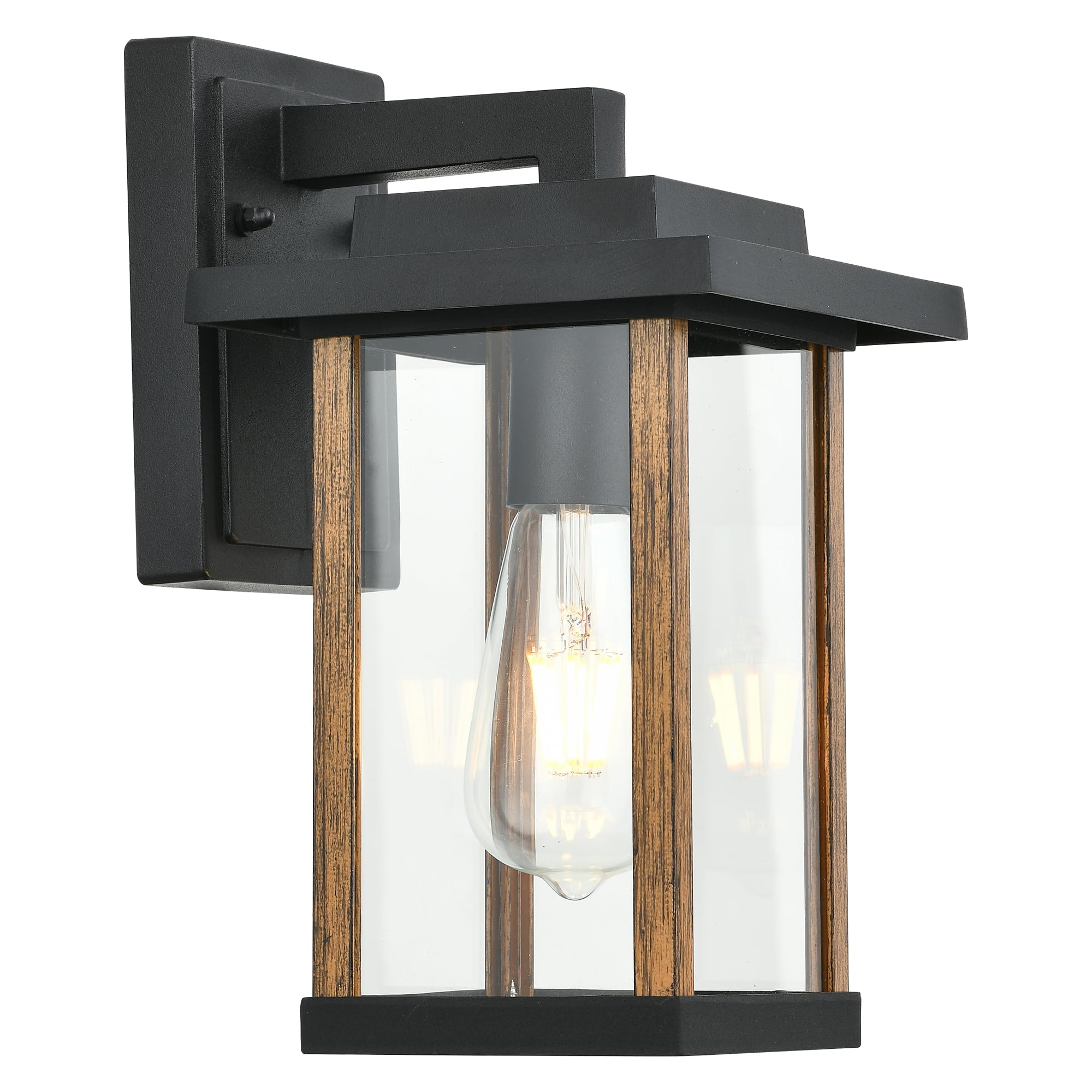 Smeike Outdoor Wall Sconce, Aluminum Porch Light, Anti-Rust, Wood Grain & Black Finish, Model A275-3