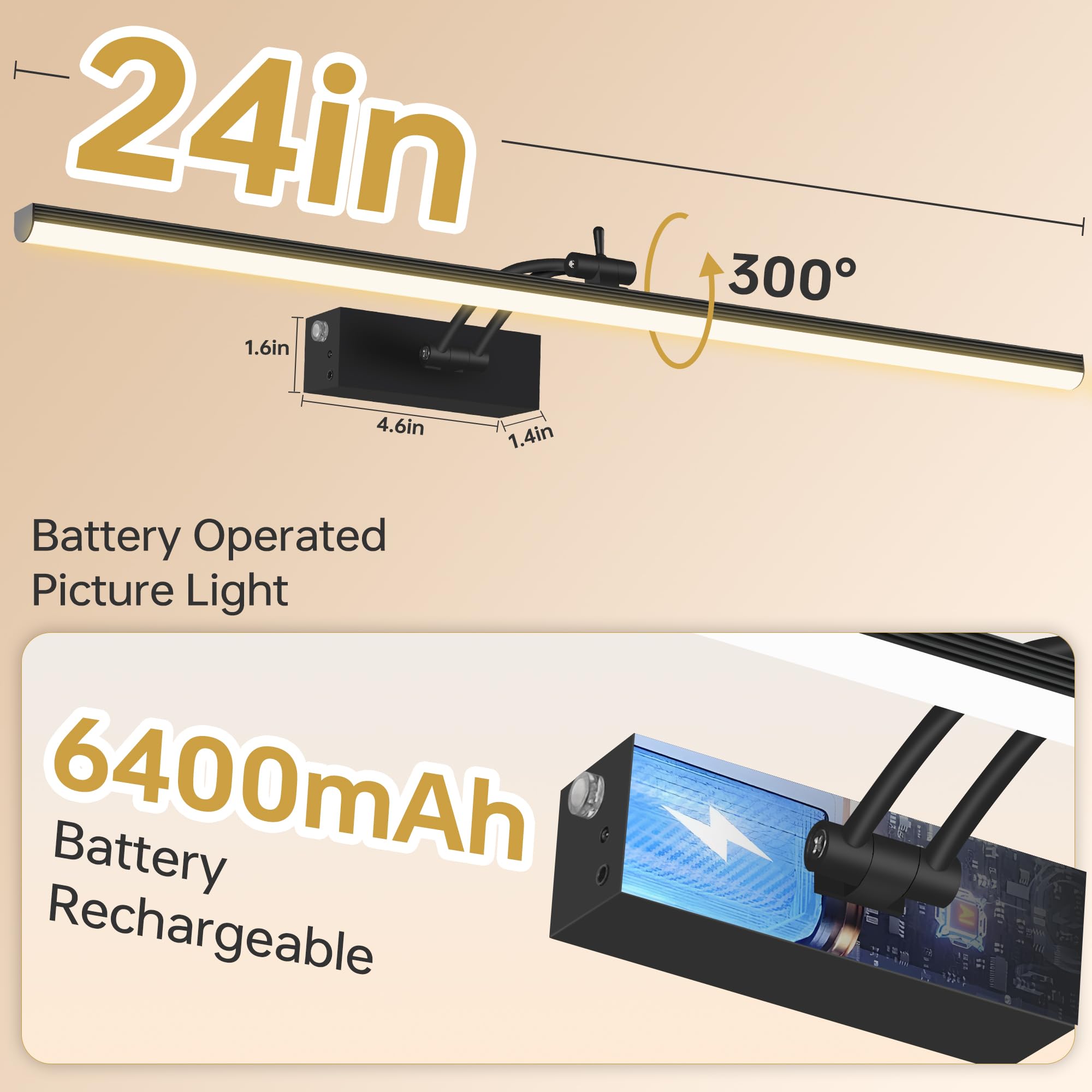 24 Inch Picture Light For Wall, 2 Pack 6400Mah Rechargeable Battery Operated Picture Lights , Wireless With Remote Gallery Light