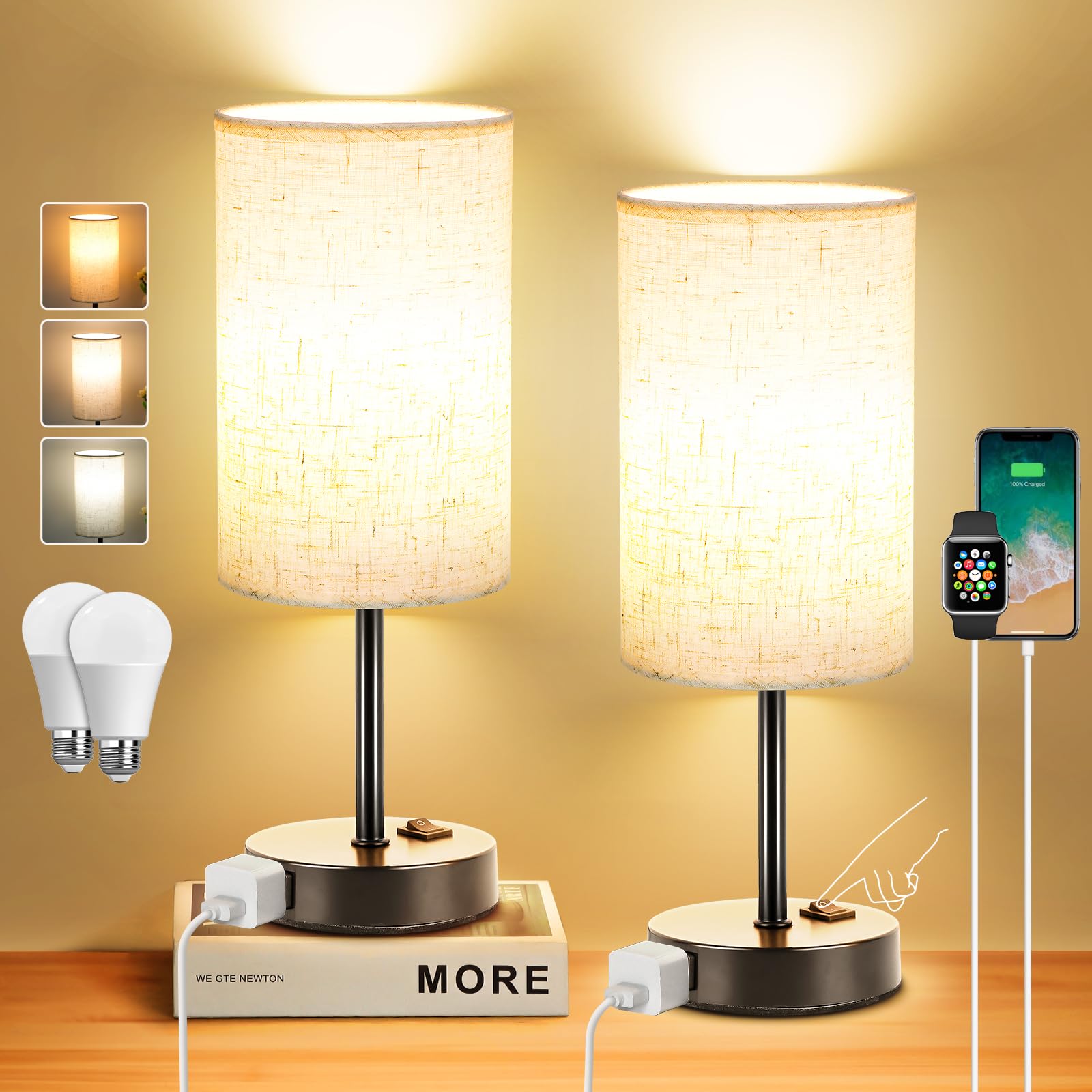 Zjojo 3-Way Dimmable Table Lamps Set Of 2 With Ac Outlet, Flaxen Shade & Black Base For