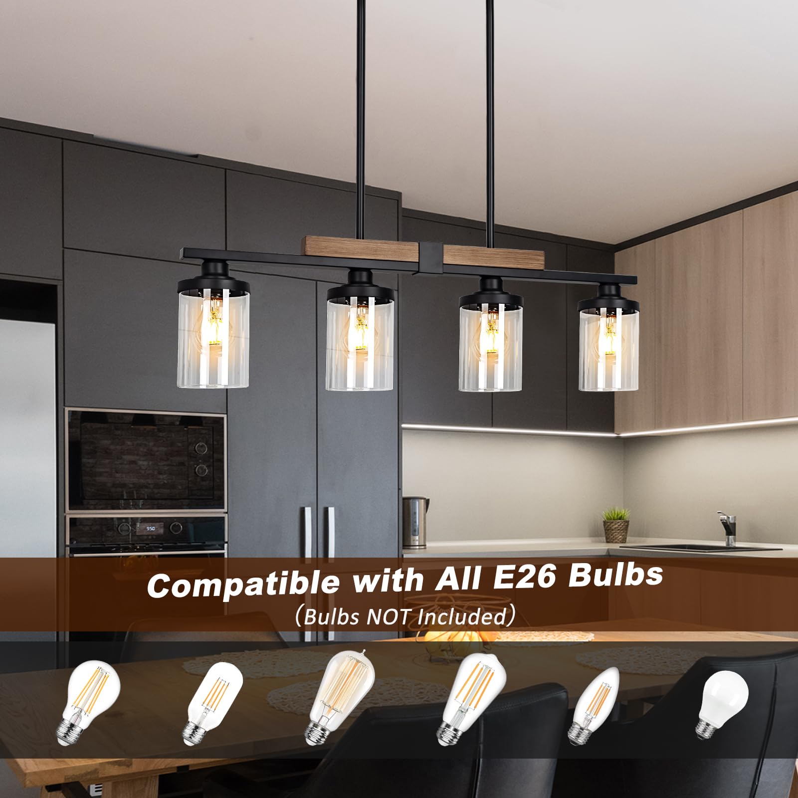 Dining Room Light Fixture Over Table, Farmhouse 4-Light Kitchen Island Lighting, Modern Wood Chandelier With Adjustable Height, Large Industrial Black Pendant Lights Ceiling Hanging For Living Room