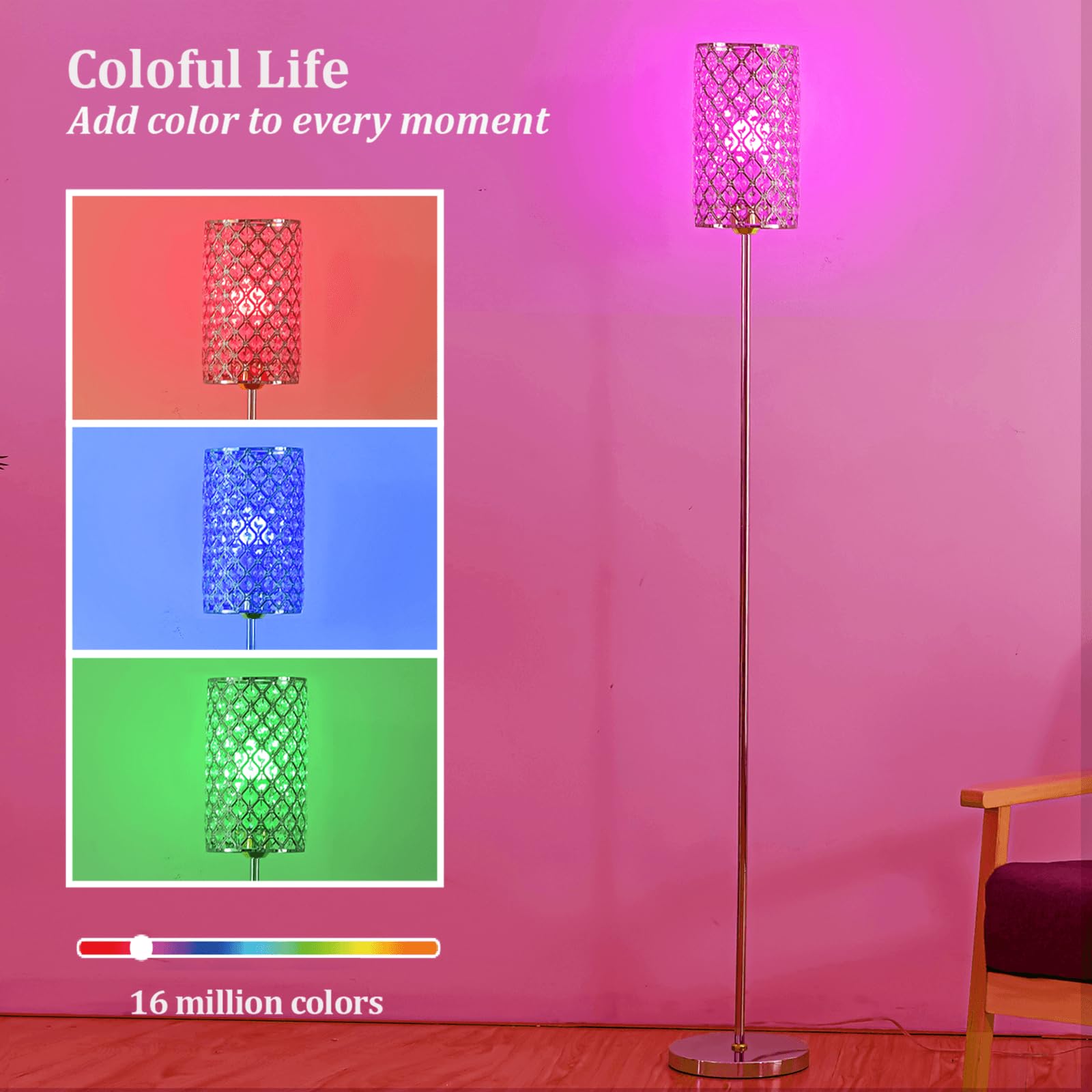 Emorlo Crystal Floor Lamp With Remote Control, Smart Rose Gold Floor Lamps For Living Room With Bulb Included, Crystal Standing