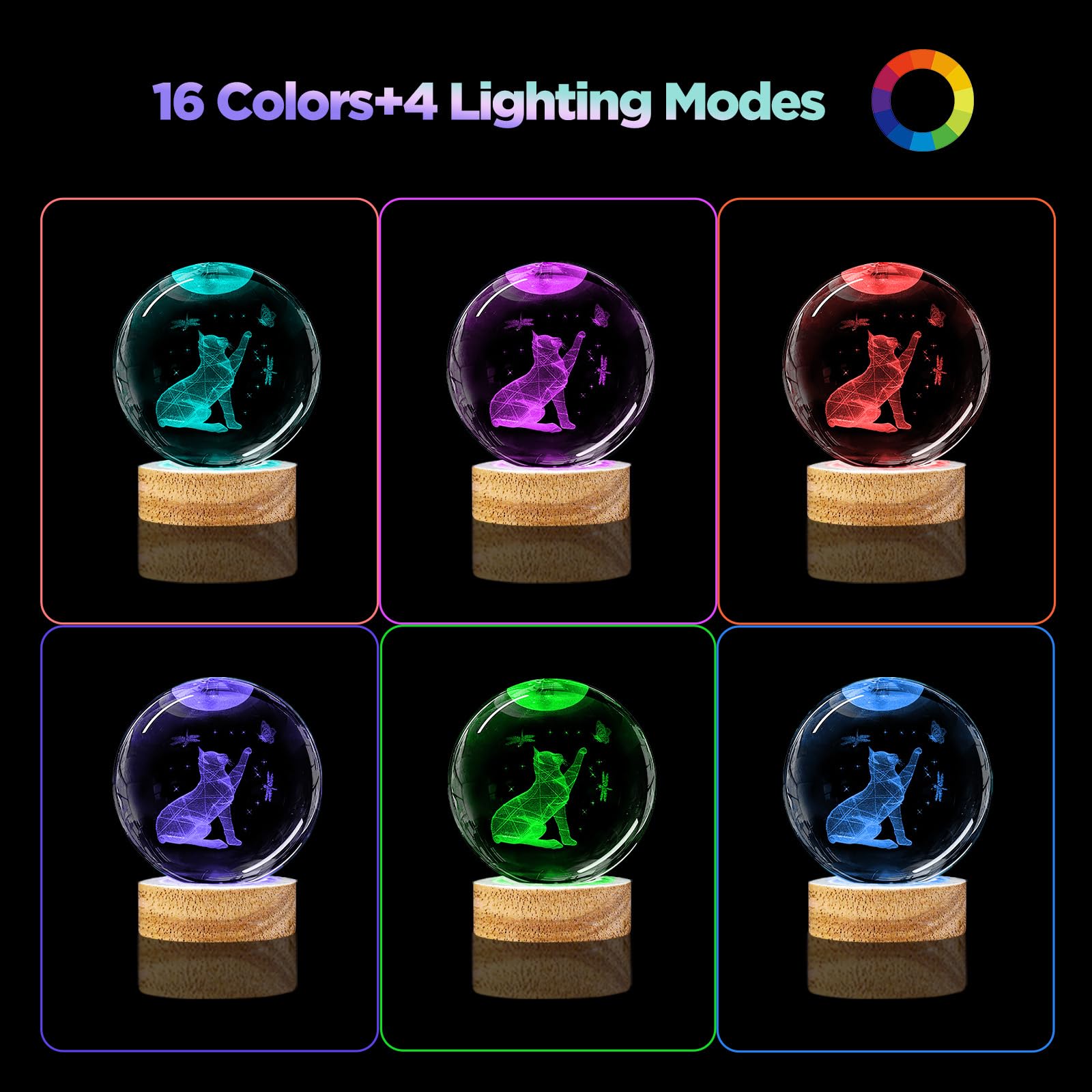 Huntalg 3D Cat Crystal Ball Night Light - 3.15" Cute Cat Glass Lamp with 16 Colors - Perfect Gift for Cat Lovers