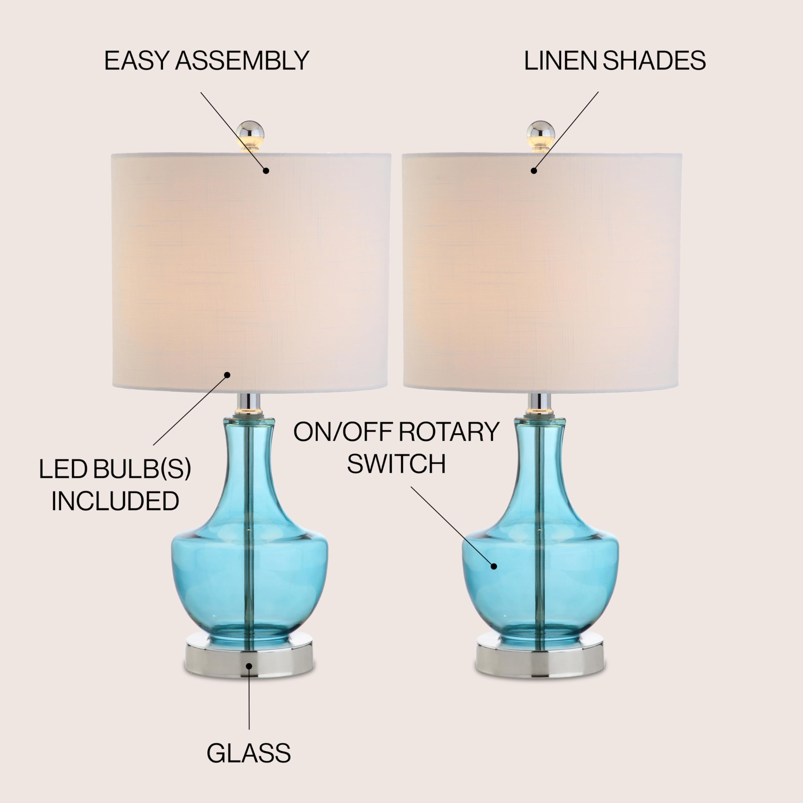 Jonathan Y Colette Mini Glass Table Lamp Set Of 2, Amalfi Blue, 20, Transitional Glam For Office & Home