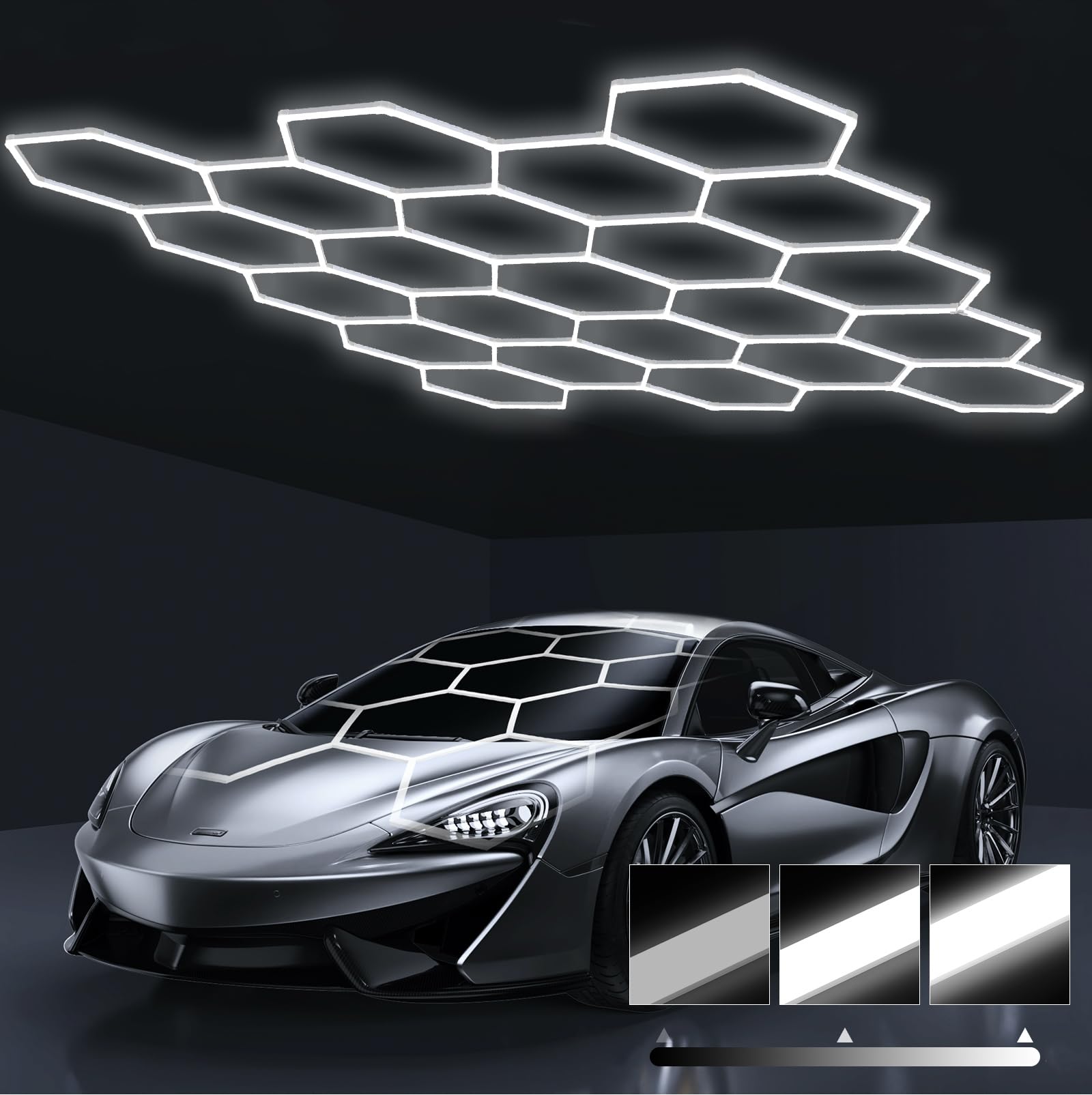 HYPERLITE Gen 2 Hexagon Garage Light  Upgraded 3 Level Dimmable 581W 58100LM Super Bright Garage Detailing Lights  22 Grids Hexagon Shop Lights  Hex LED Lights for Basement  Gym  Barber
