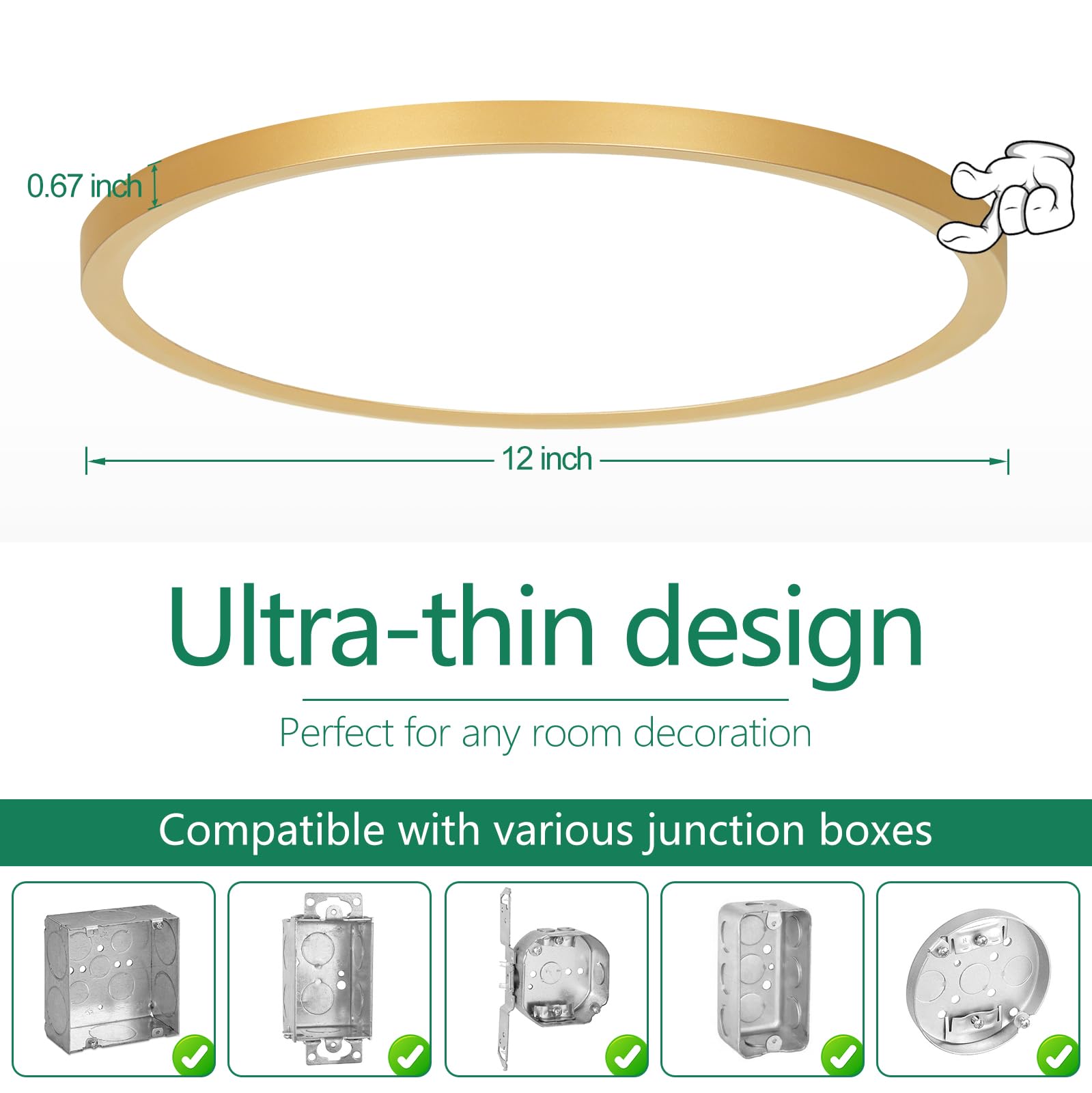 Brightever Gold Led Flush Mount Ceiling Light Fixture  12 Inch 24W  Super Slim 0.67 Inch 3200Lm Led Ceiling Lights  Dimmable & 2700K-6500K 5 Color In One Ceiling Lamp For Bedroom  Porch  2 Packs