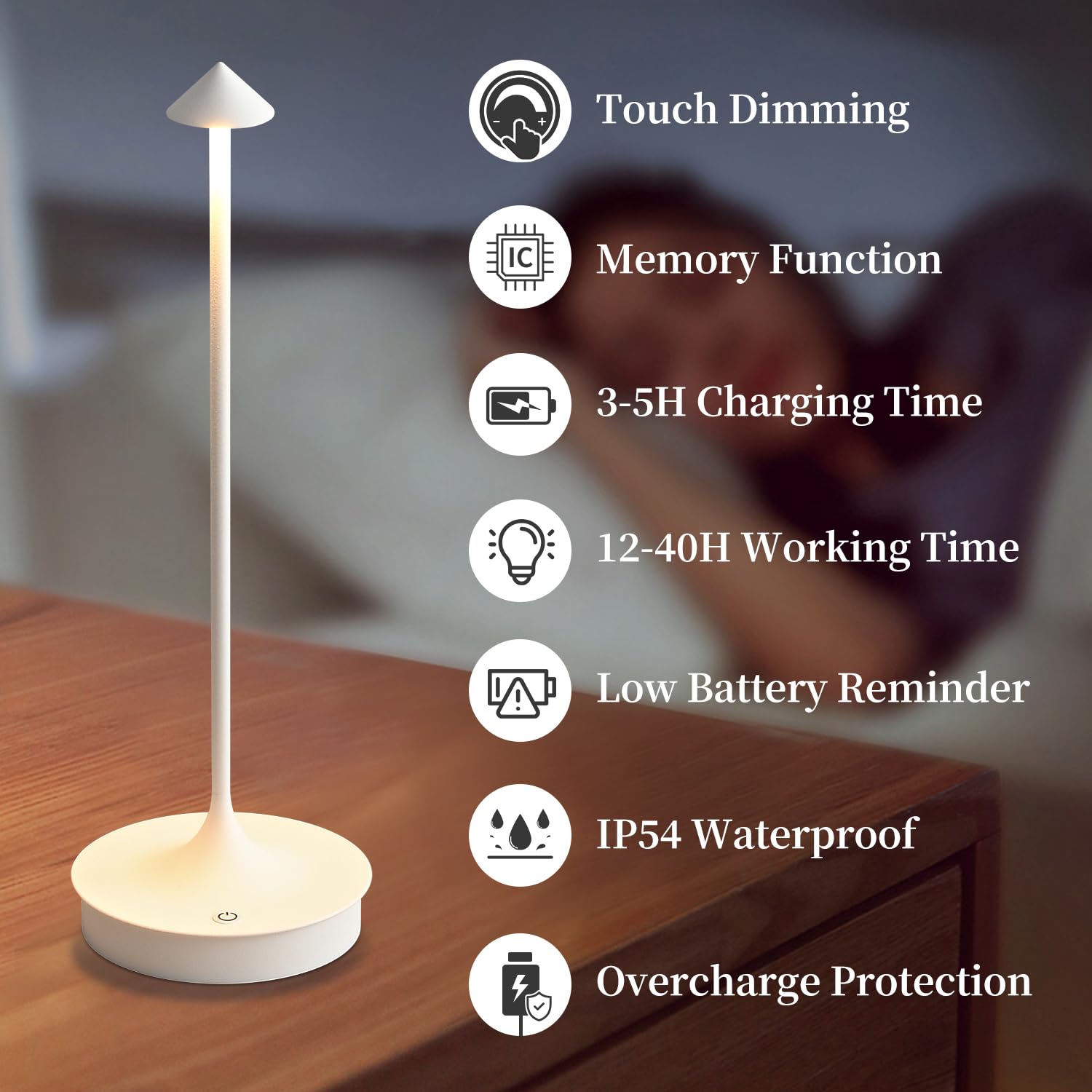 BaiZhou Cordless Table Lamp LED Rechargeable 4000mAh Waterproof Portable Touch Dimmable White-2PC Model LD9537