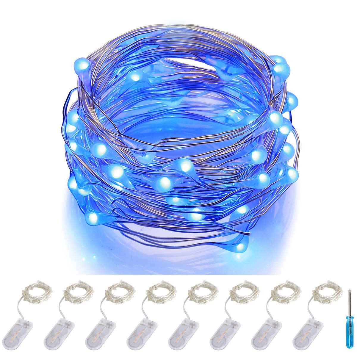 ITART Micro LED Blue String Lights 8 Packs Fairy Lights Battery Operated 6ft 20 LED Ultra Thin Silver Wire Waterproof for Costume Craft Party Clothes Jellyfish Halloween