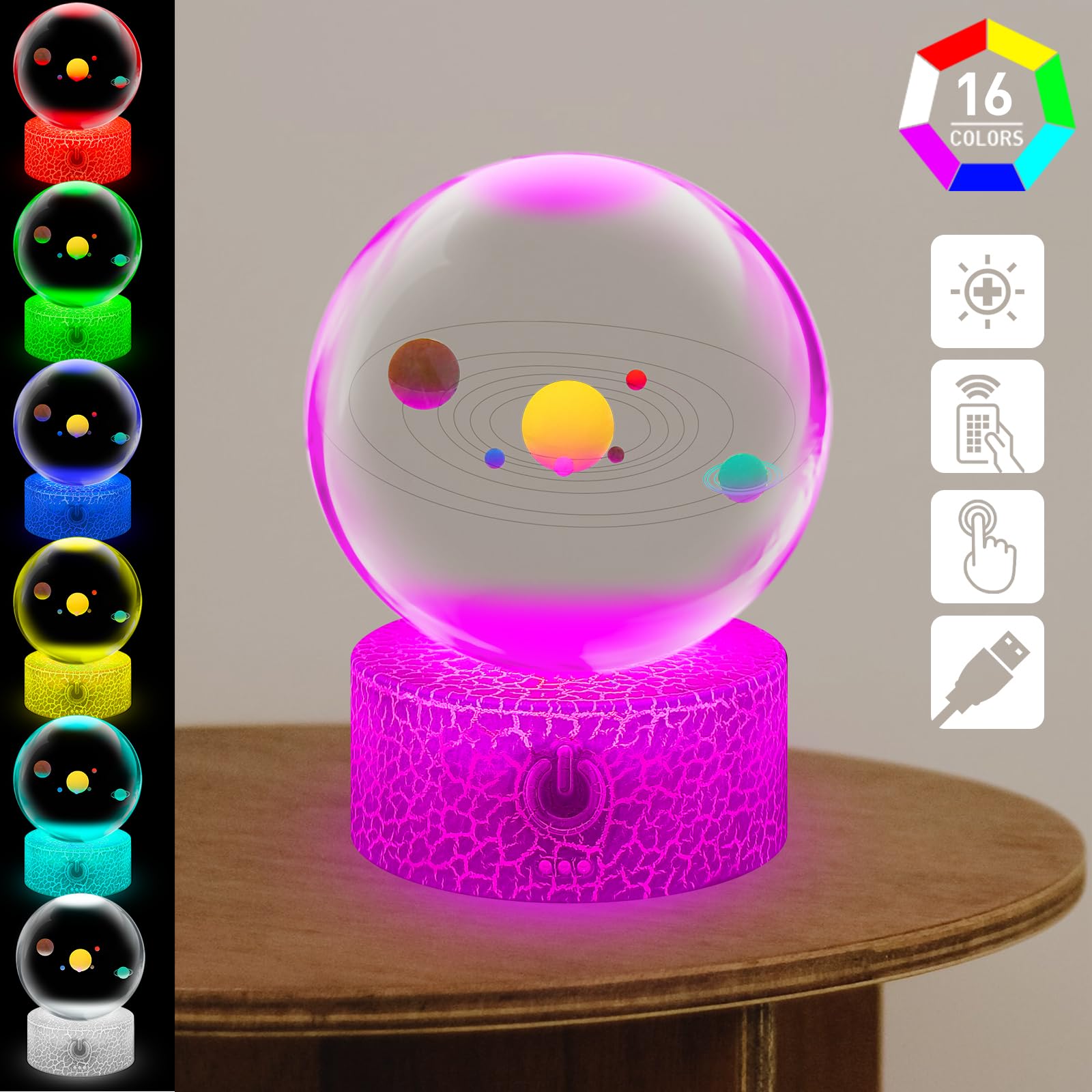 Crystal Ball Lamp 3D Crystal Ball Solar Colorful 9 Planets Sun Earth Mars Lamp with Touch Stand LED 16 Colors Changing Dimmable