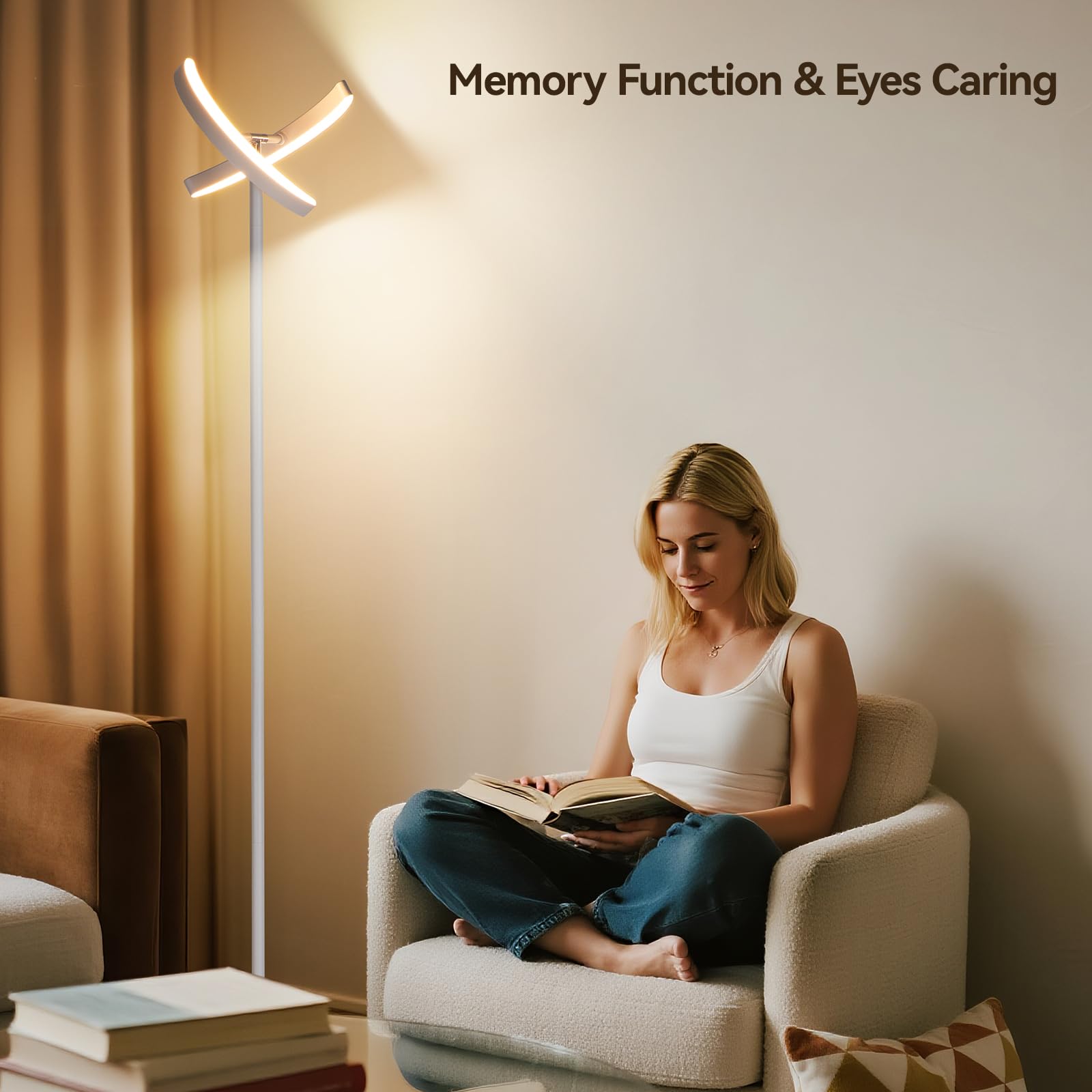 SUNMORY LED Floor Lamp with Remote, 28W, 1600LM, 74in Dimmable Tall Standing Lamp, Modern Iron Design, White, Model FLD-032-XO