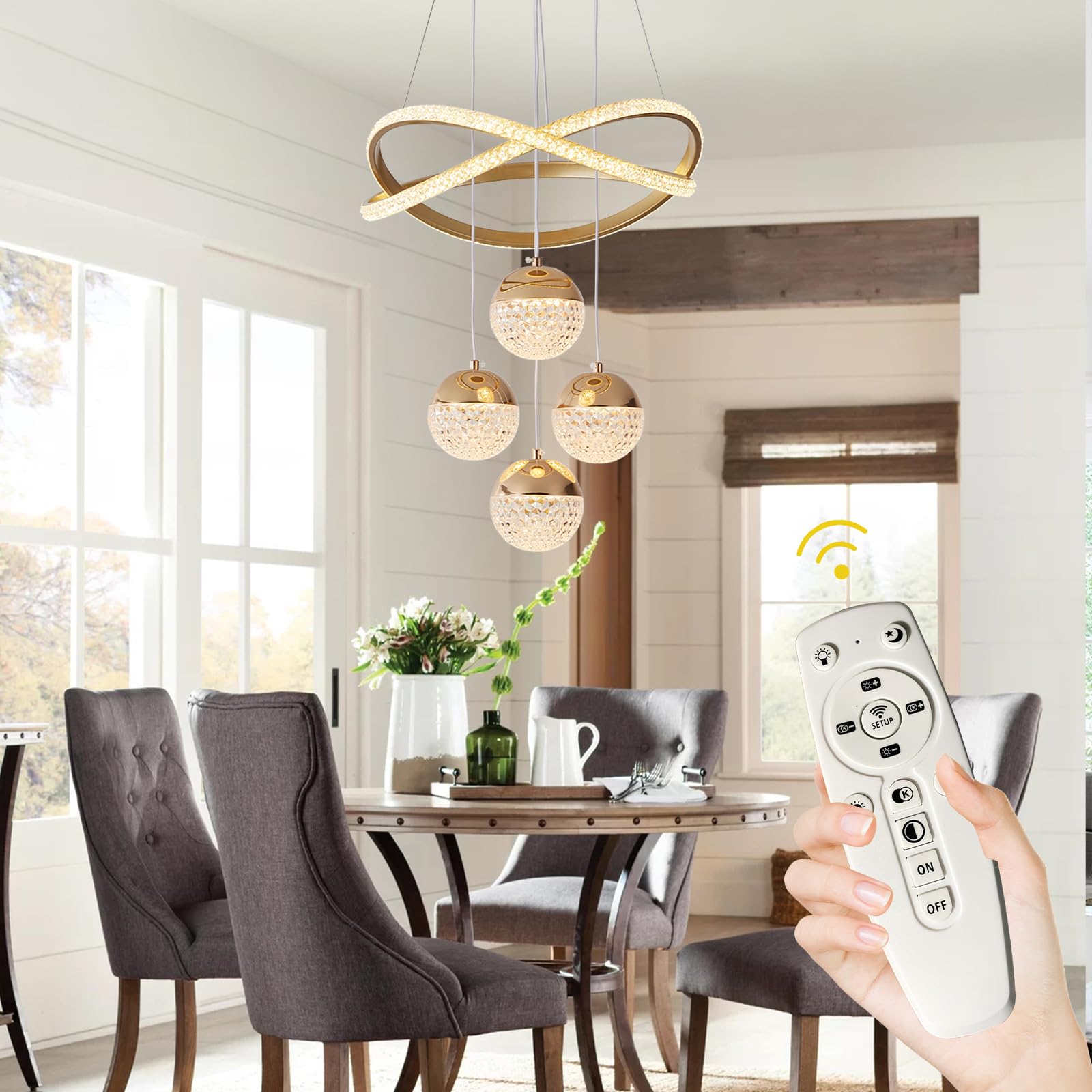 BCGMYLN Modern Gold LED Chandelier, Dimmable Pendant Light for Dining Room, Adjustable, Aluminum, Model WY-PL LIGHT