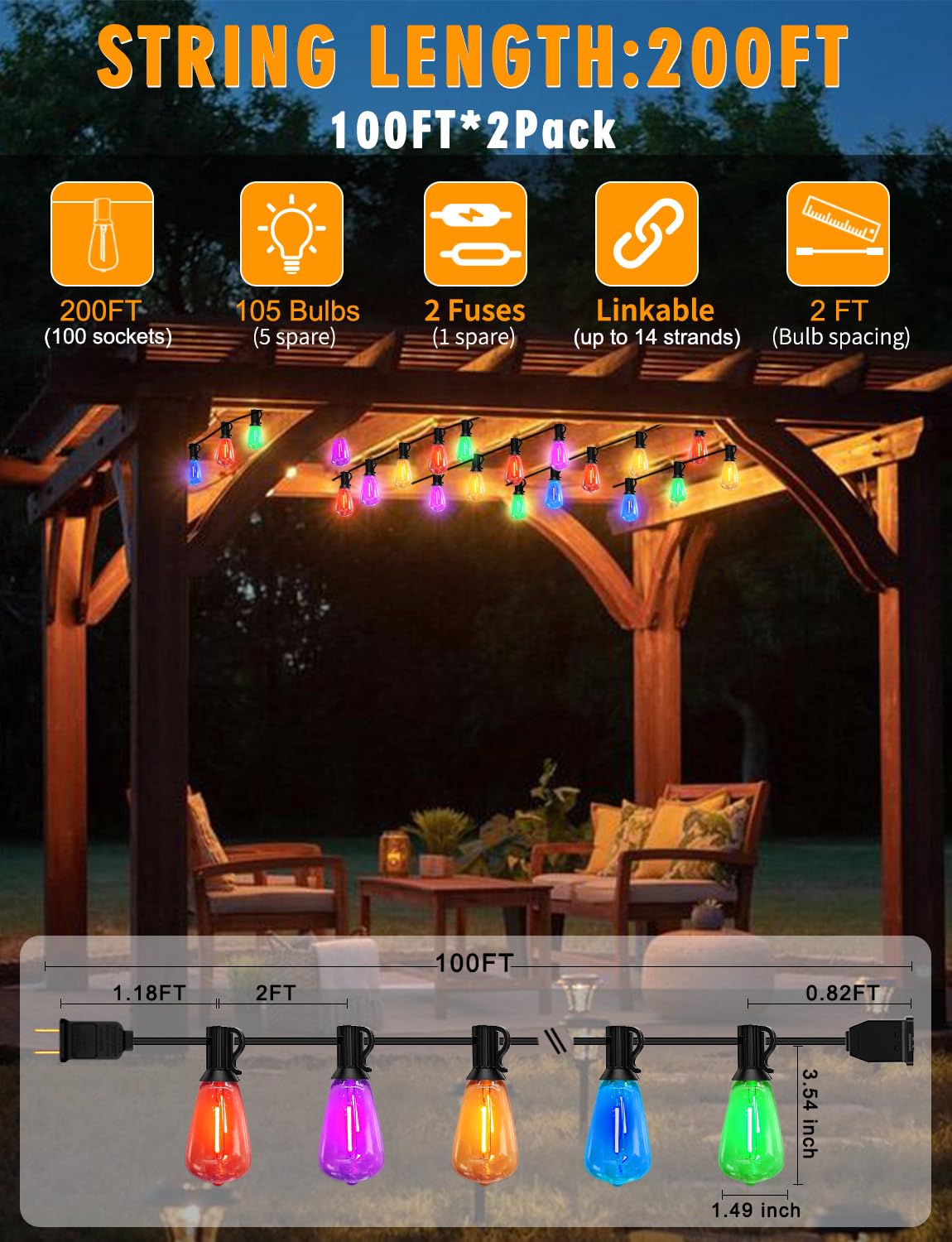 Achin Multicolor Outdoor String Lights 200Ft(100Ft*2), Colored Patio Lights Waterproof With 100+5 St38 Vintage Led Bulbs Shatter