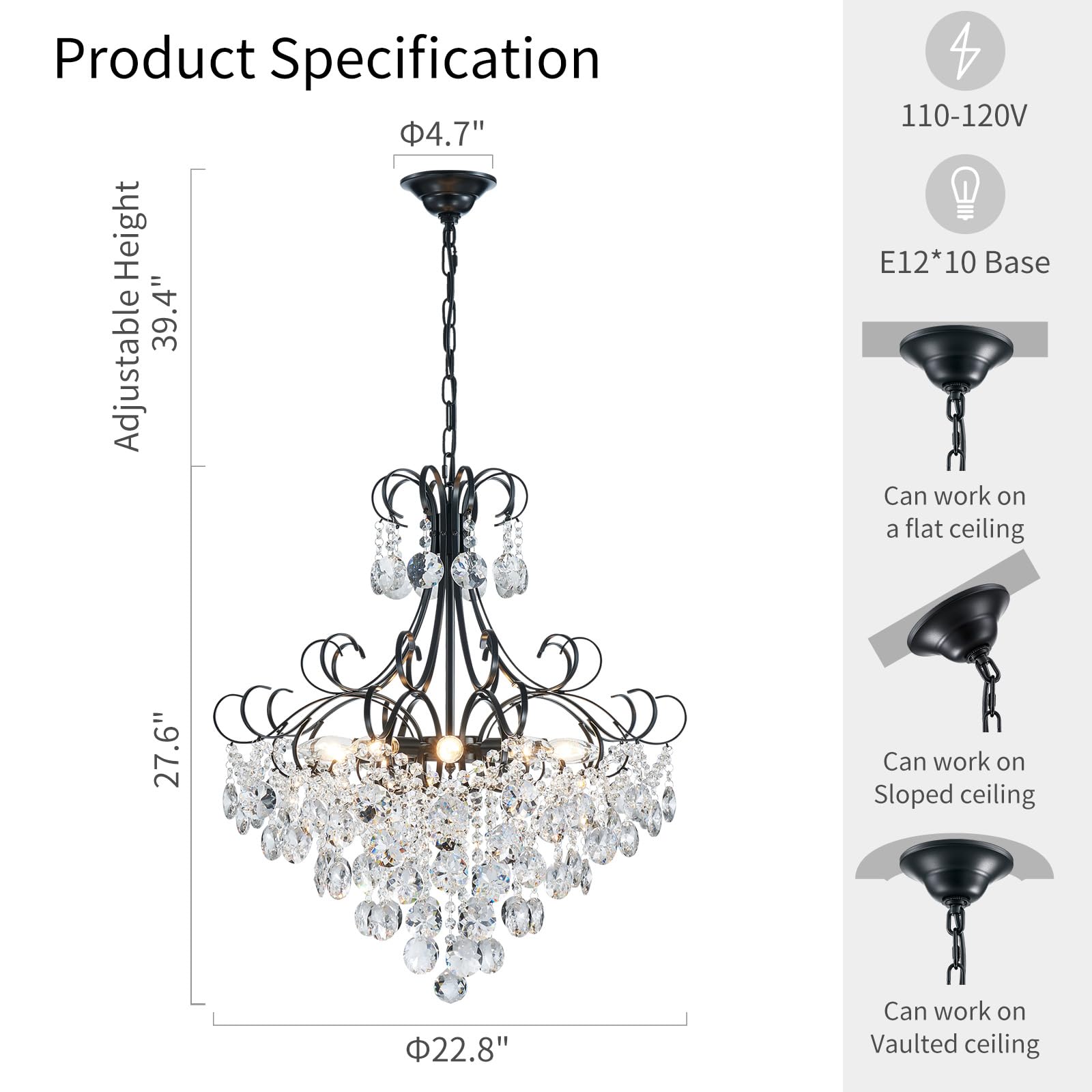 ANJIADENGSHI Crystal Chandelier, K9 Crystal Lighting, 28" High, 23" Wide, Black, Model CL-0019B, 10 E12 Bulbs