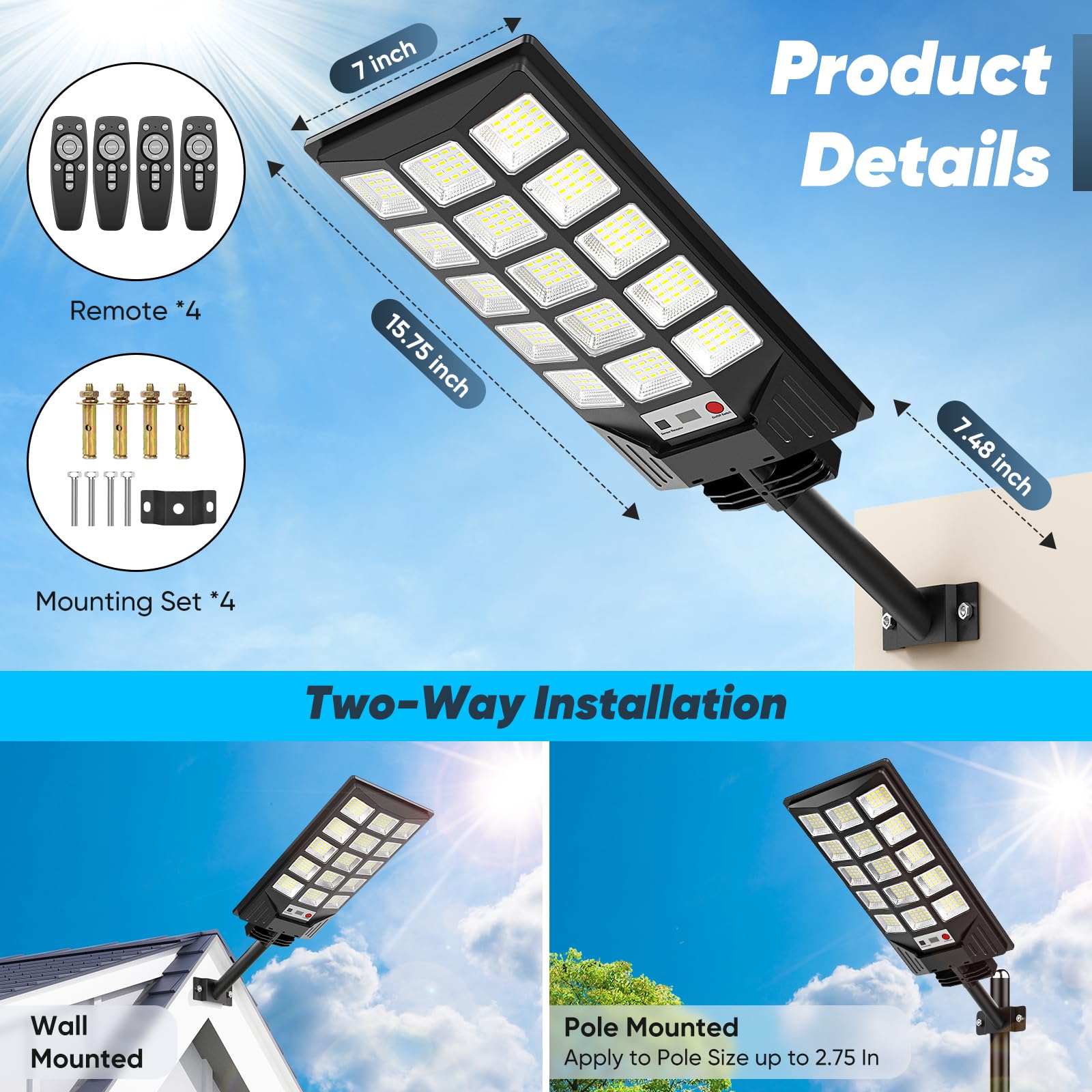 CNOIJUTS Solar Street Lights, 30000LM LED, Motion Sensor, Waterproof, 4-Pack, Black, Model TL15, Dusk to Dawn, Commercial Area Lighting