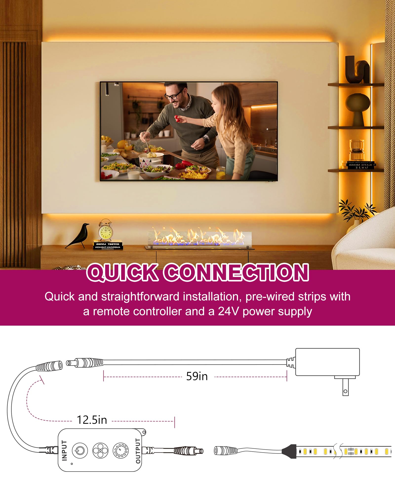 EMITEVER LED Strip Lights Kit, 16.4ft Dimmable Warm White 2700K, 600 LEDs, Remote & 24V Power Supply, Model FN-2835C