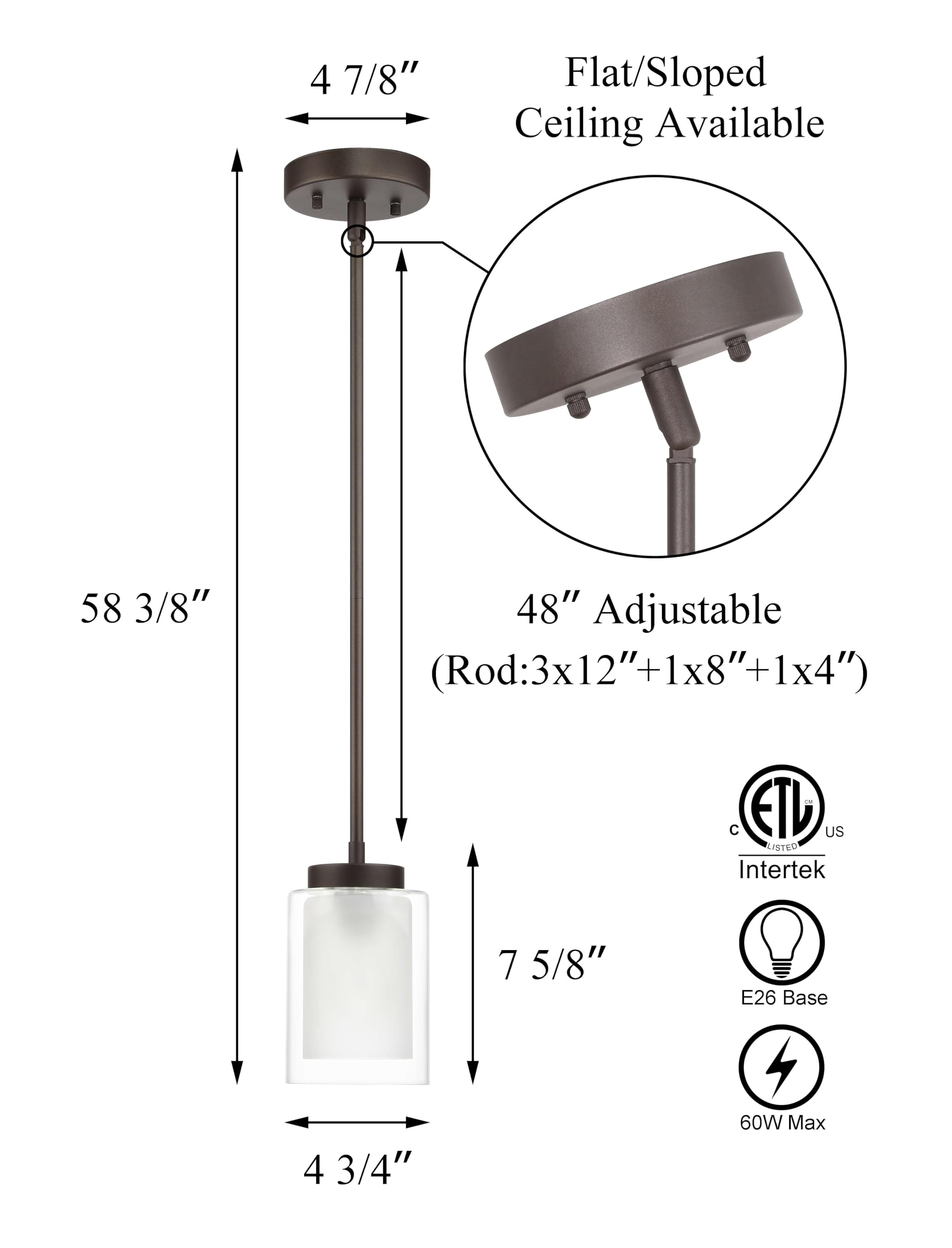 Xinbei Lighting Pendant Lighting Modern 1 Light Mini Pendant Light With Dual Glass In Dark Bronze, Adjustable Hanging Ceiling Li