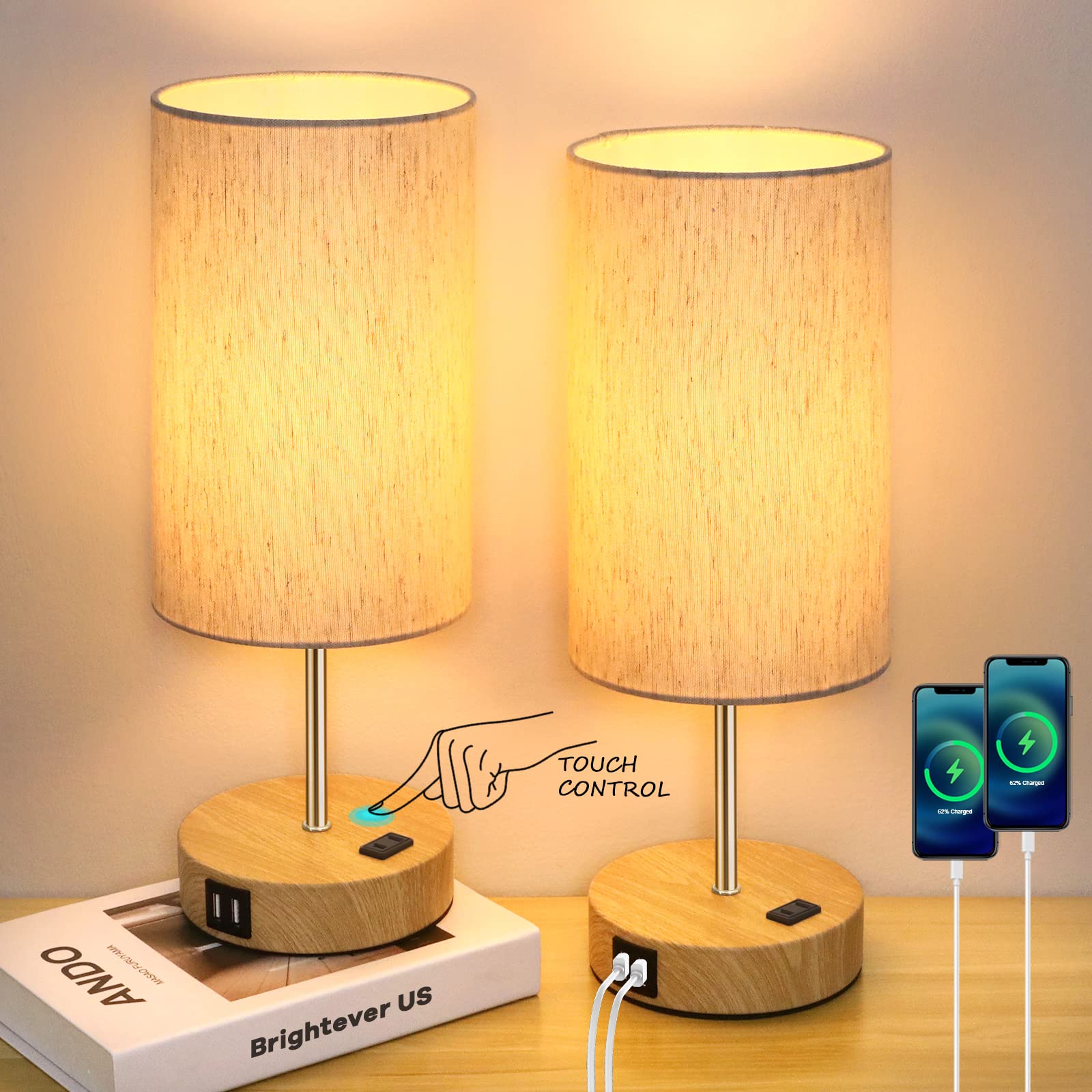 Table Lamps Set of 2 Touch Control, 2 USB Charging Ports&AC Outlet, 3-Way Dimmable Bedside Nightstand Lamp with Flaxen Fabric Sh