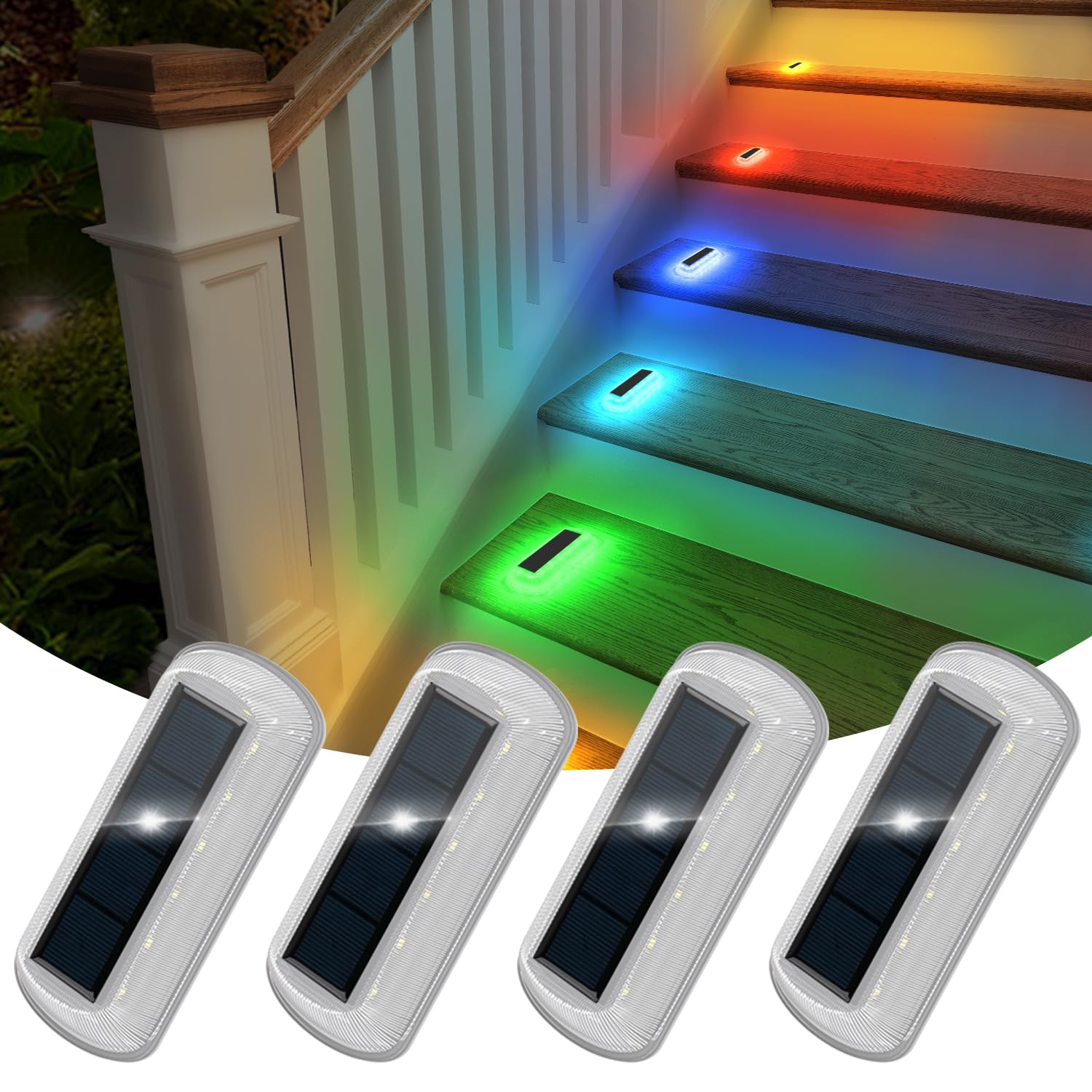 T-SUN RGB Solar Step Lights for Outside,7 Colors Stair Lights Outdoor Waterproof LED Deck Lights 2 Lighting Modes, Solar Front P