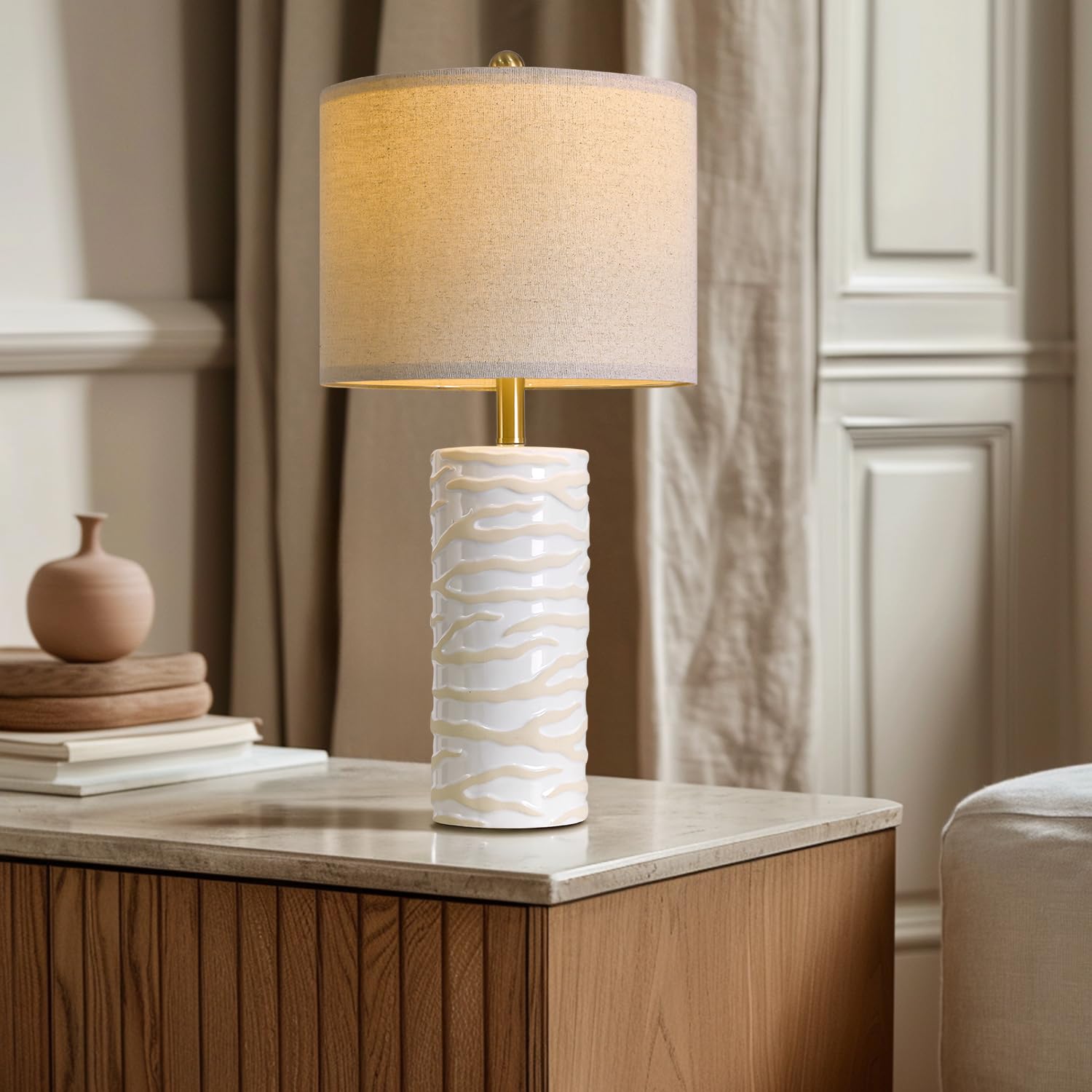 Pokat 26.75'' Ceramic Table Lamp, Modern Lamp For Living Room, White Lamp For Bedroom, Night Stands, Farmhouse Bedside Nightstan